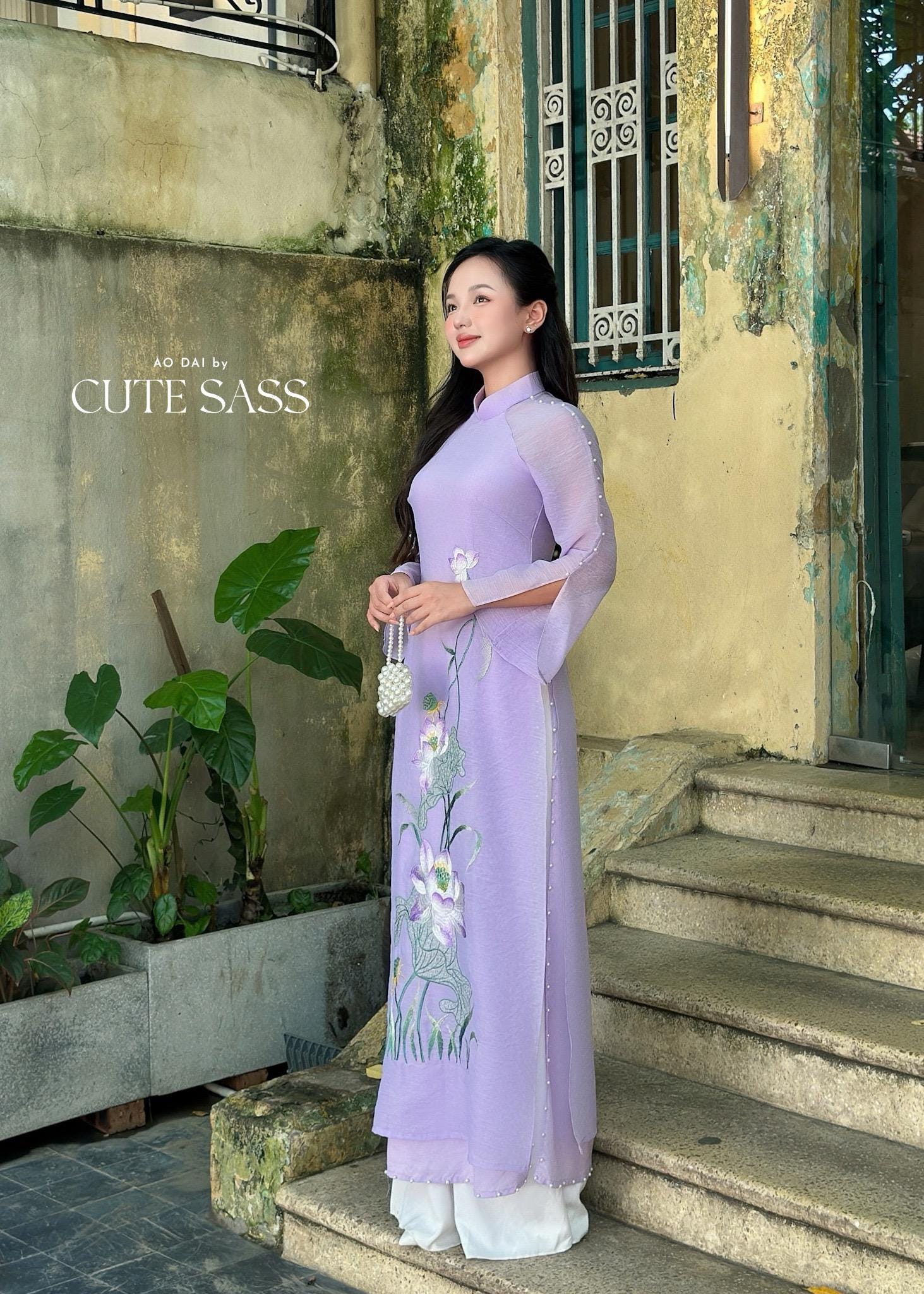 Purple Lotus with Pearls Slit Sleeves Ao Dai Top Only, No Pants 34A|Pre-made Vietnamese Ao Dai with Pants | Lunar New Year| AoDaibyCuteSass