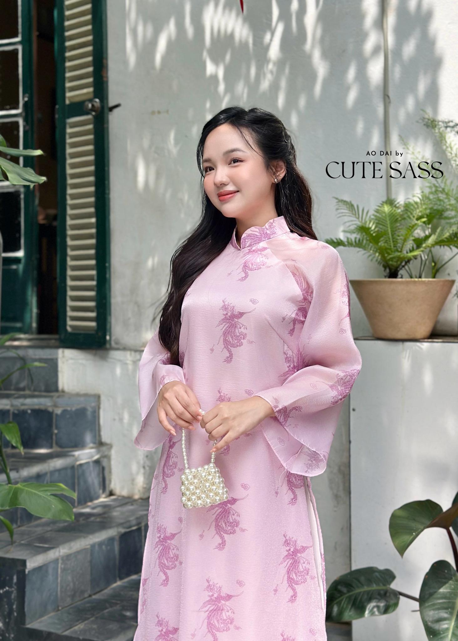 Light Pink Printed Phoenix Ao Dai Set with Hot Pink Pants 20-21C|Pre-made Vietnamese Women Ao Dai with Pants |Lunar New Year|Ao Dai Cach Tan AoDaibyCuteSass