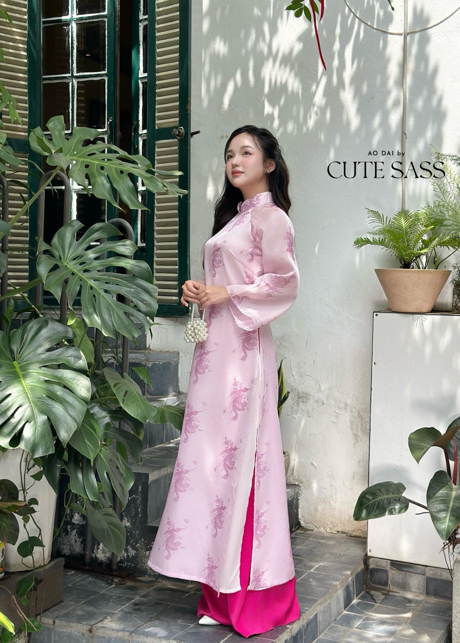 Light Pink Printed Phoenix Ao Dai Set with Hot Pink Pants 20-21C|Pre-made Vietnamese Women Ao Dai with Pants |Lunar New Year|Ao Dai Cach Tan AoDaibyCuteSass