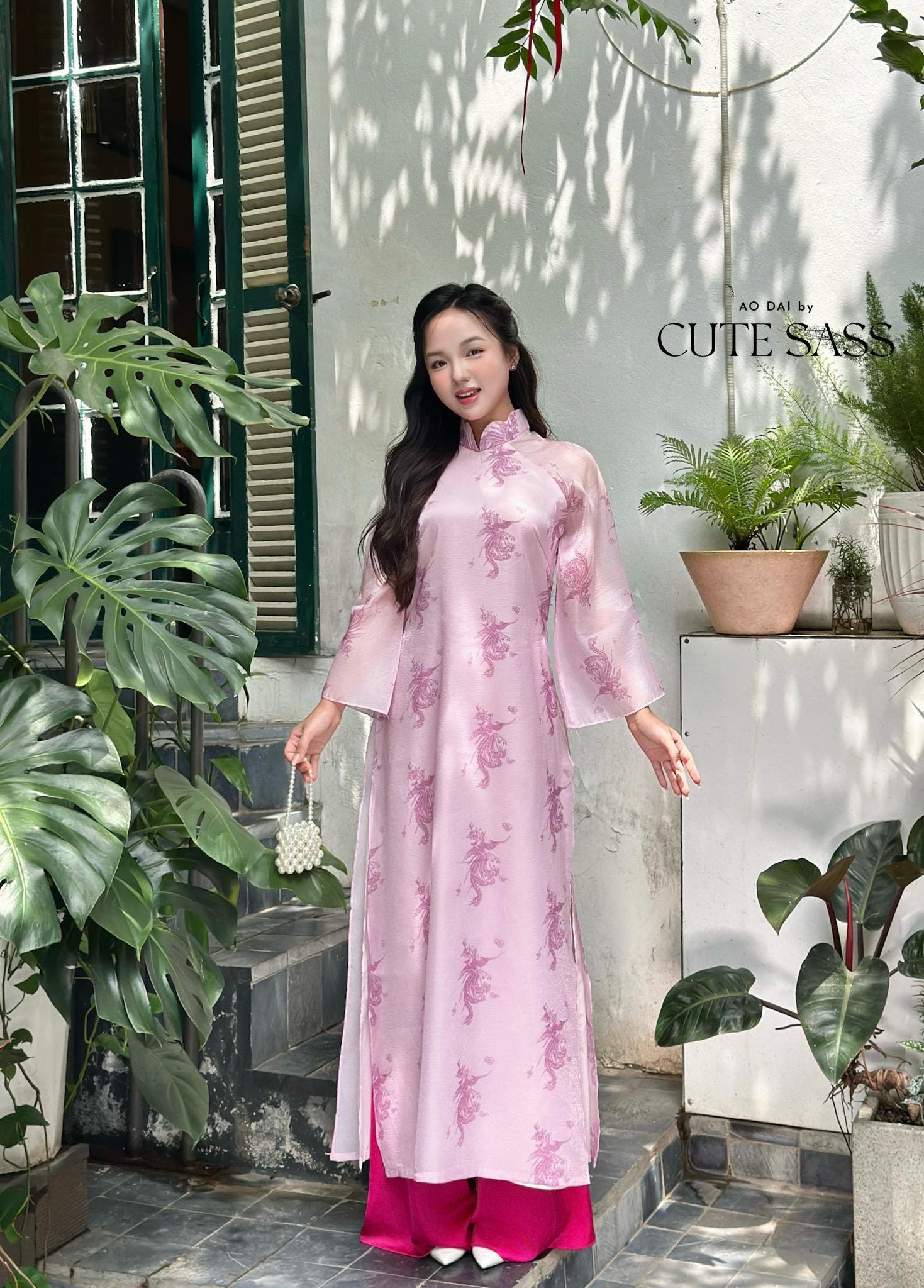 Light Pink Printed Phoenix Ao Dai Set with Hot Pink Pants 20-21C|Pre-made Vietnamese Women Ao Dai with Pants |Lunar New Year|Ao Dai Cach Tan AoDaibyCuteSass