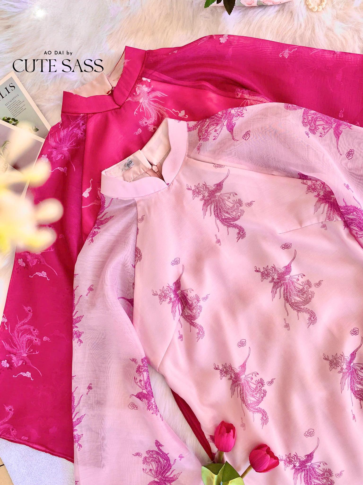 Light Pink Printed Phoenix Ao Dai Set with Hot Pink Pants 20-21C|Pre-made Vietnamese Women Ao Dai with Pants |Lunar New Year|Ao Dai Cach Tan AoDaibyCuteSass