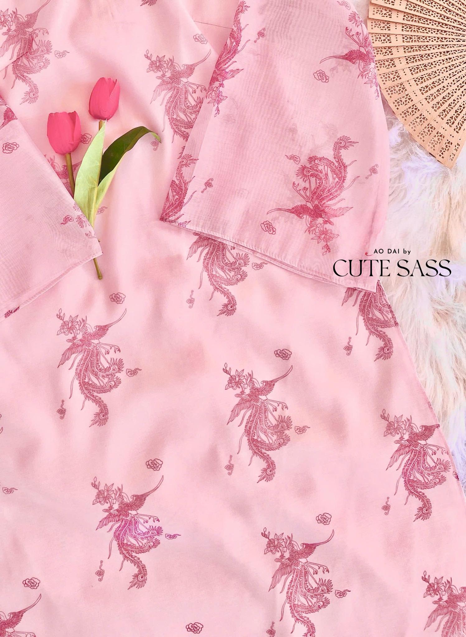 Light Pink Printed Phoenix Ao Dai Set with Hot Pink Pants 20-21C|Pre-made Vietnamese Women Ao Dai with Pants |Lunar New Year|Ao Dai Cach Tan AoDaibyCuteSass