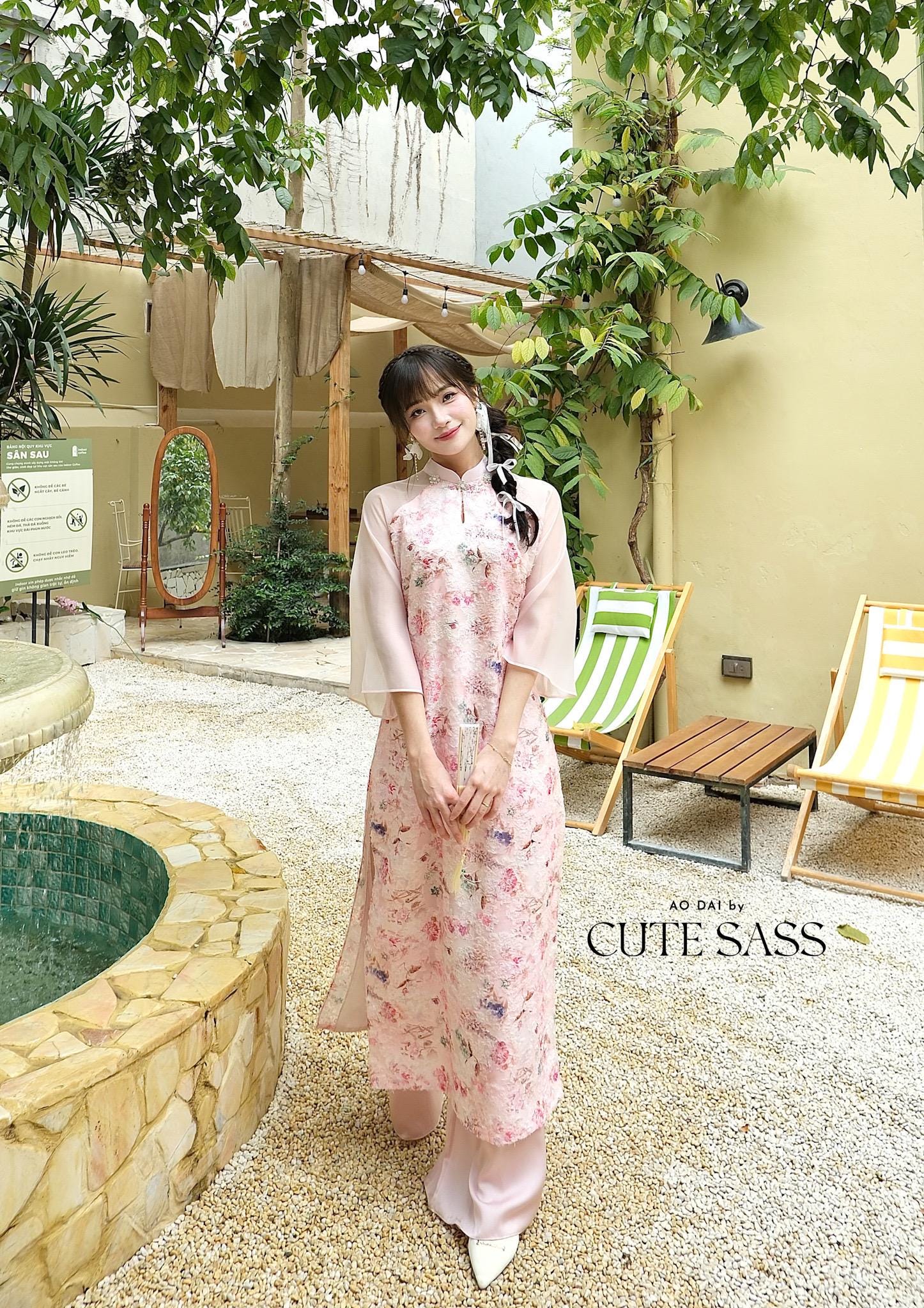 Pink Floral Pearls Ao Dai Set with Cream/Beige Pants 27C|Pre-made Vietnamese Women Ao Dai with Pants | Lunar New Year|Ao Dai Cach Tan AoDaibyCuteSass