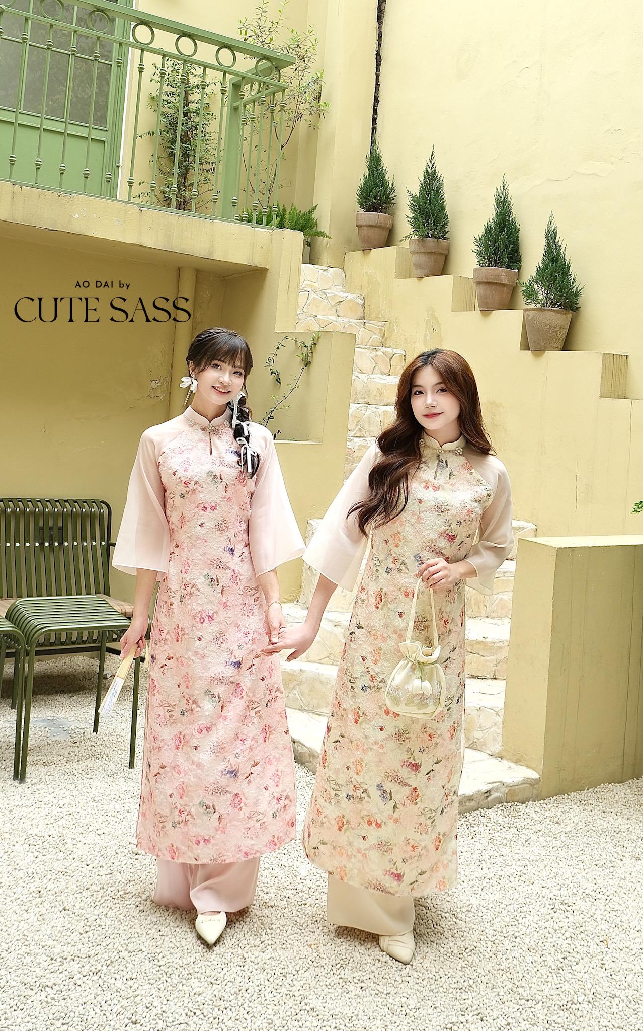 Pink Floral Pearls Ao Dai Set with Cream/Beige Pants 27C|Pre-made Vietnamese Women Ao Dai with Pants | Lunar New Year|Ao Dai Cach Tan AoDaibyCuteSass