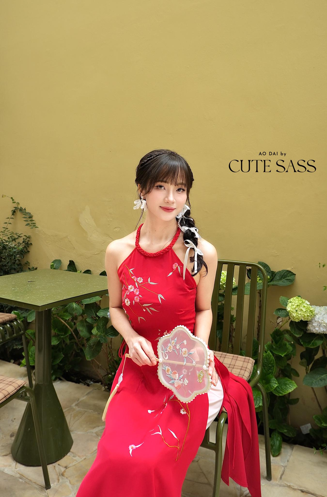 Red Braided Neckline Yem-Inspired Sleeveless Ao Dai Set with Light Pink Pants 40A-B|Pre-made Vietnamese Sleeveless Ao Dai| Lunar New Year AoDaibyCuteSass