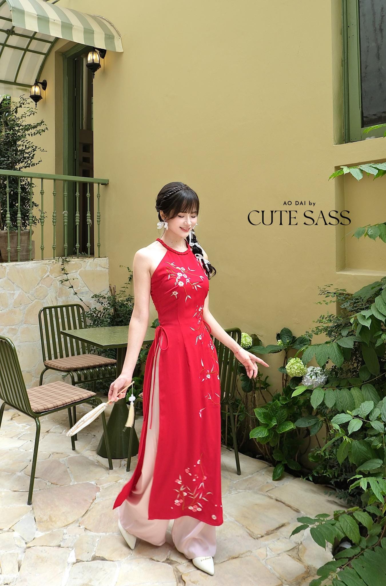 Red Braided Neckline Yem-Inspired Sleeveless Ao Dai Set with Light Pink Pants 40A-B|Pre-made Vietnamese Sleeveless Ao Dai| Lunar New Year AoDaibyCuteSass