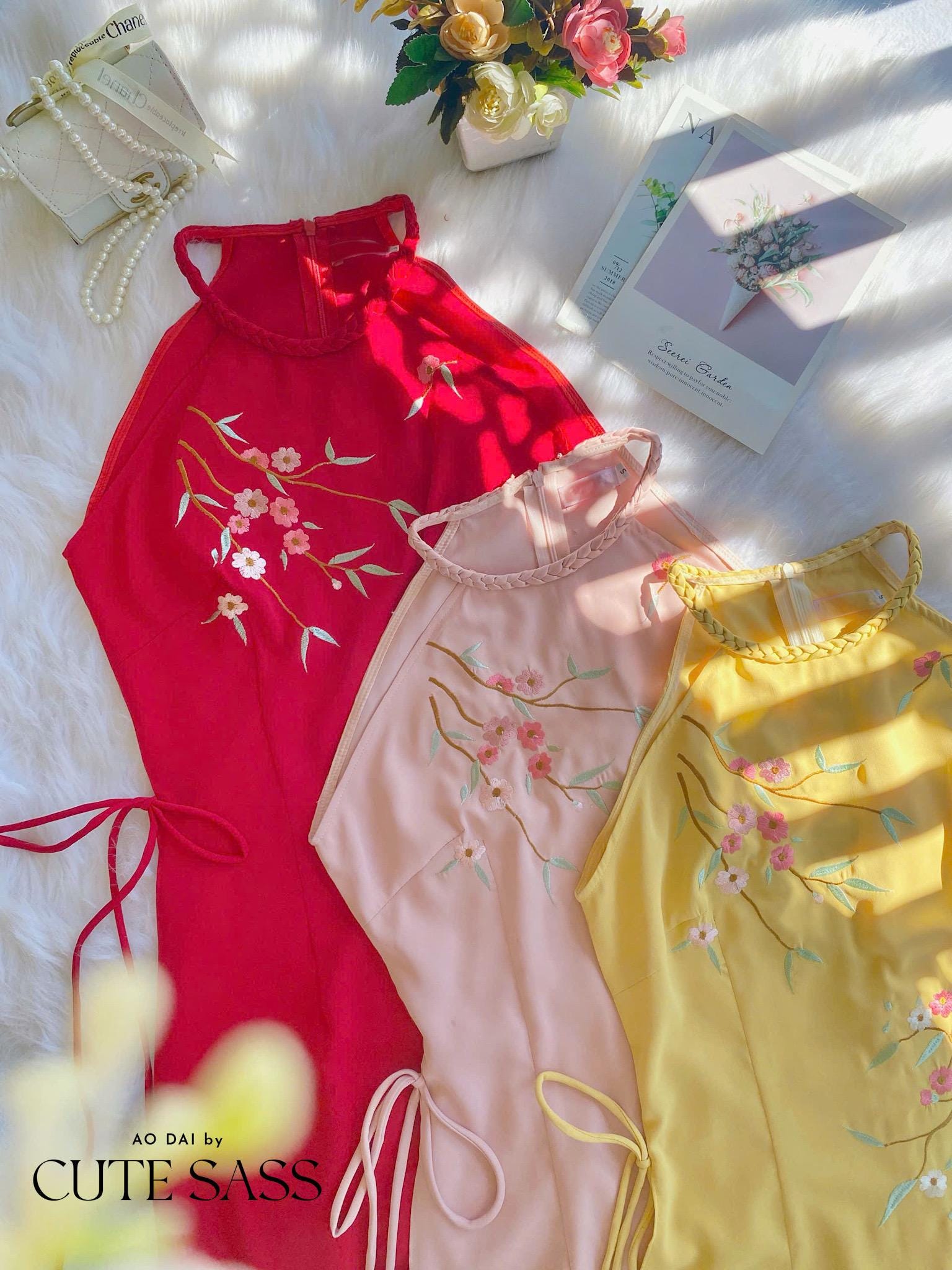 Red Braided Neckline Yem-Inspired Sleeveless Ao Dai Set with Light Pink Pants 40A-B|Pre-made Vietnamese Sleeveless Ao Dai| Lunar New Year AoDaibyCuteSass