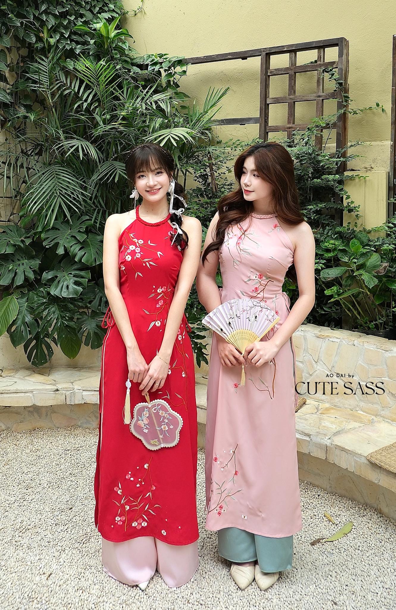 Red Braided Neckline Yem-Inspired Sleeveless Ao Dai Set with Light Pink Pants 40A-B|Pre-made Vietnamese Sleeveless Ao Dai| Lunar New Year AoDaibyCuteSass