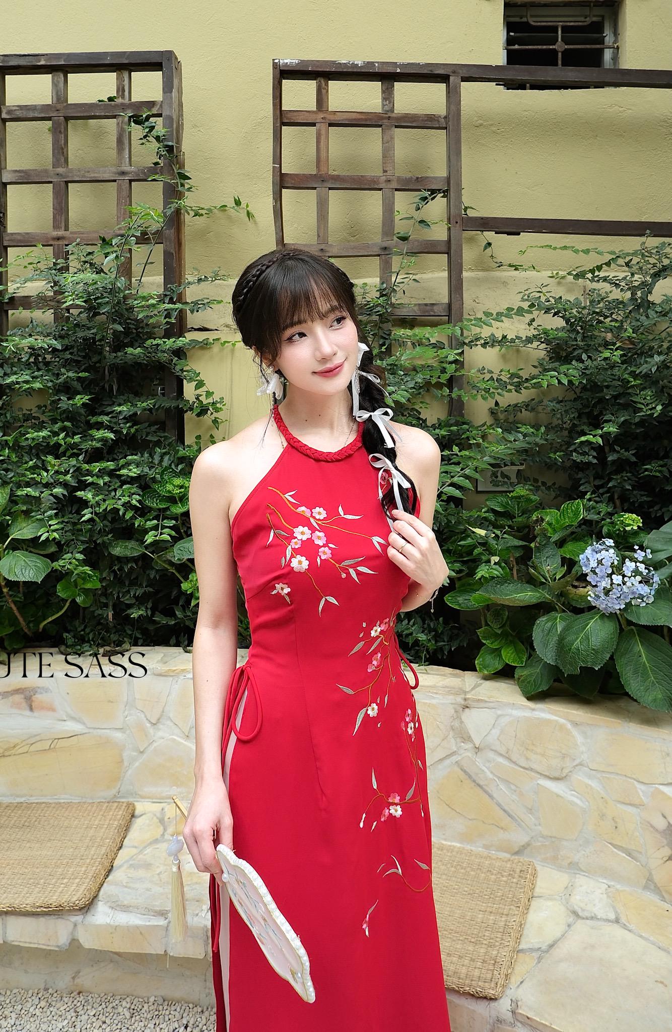 Red Braided Neckline Yem-Inspired Sleeveless Ao Dai Set with Light Pink Pants 40A-B|Pre-made Vietnamese Sleeveless Ao Dai| Lunar New Year AoDaibyCuteSass
