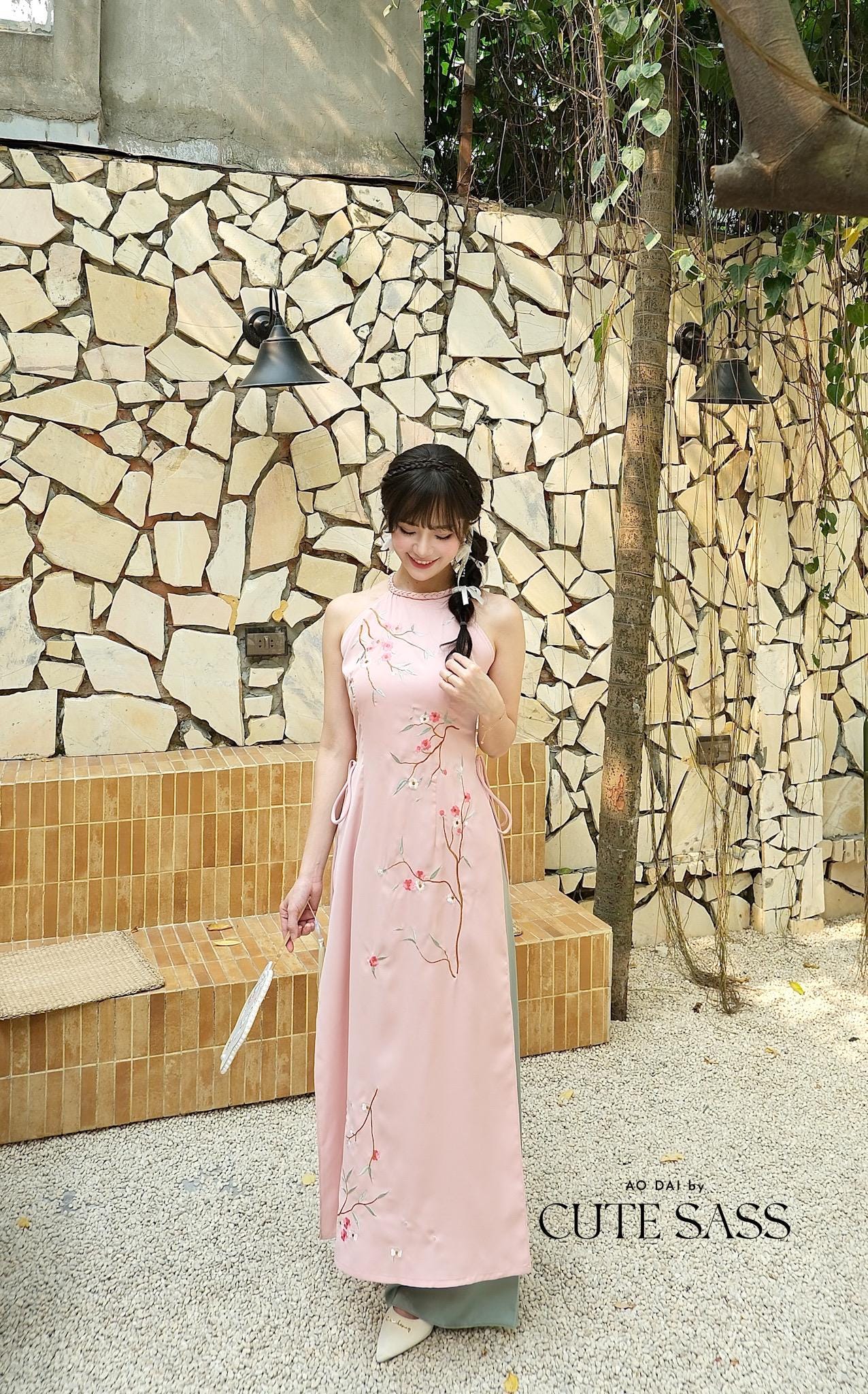 Light Pink Braided Neckline Yem-Inspired Sleeveless Ao Dai Set with Cyan Pants 40A-B|Pre-made Vietnamese Sleeveless Ao Dai| Lunar New Year AoDaibyCuteSass