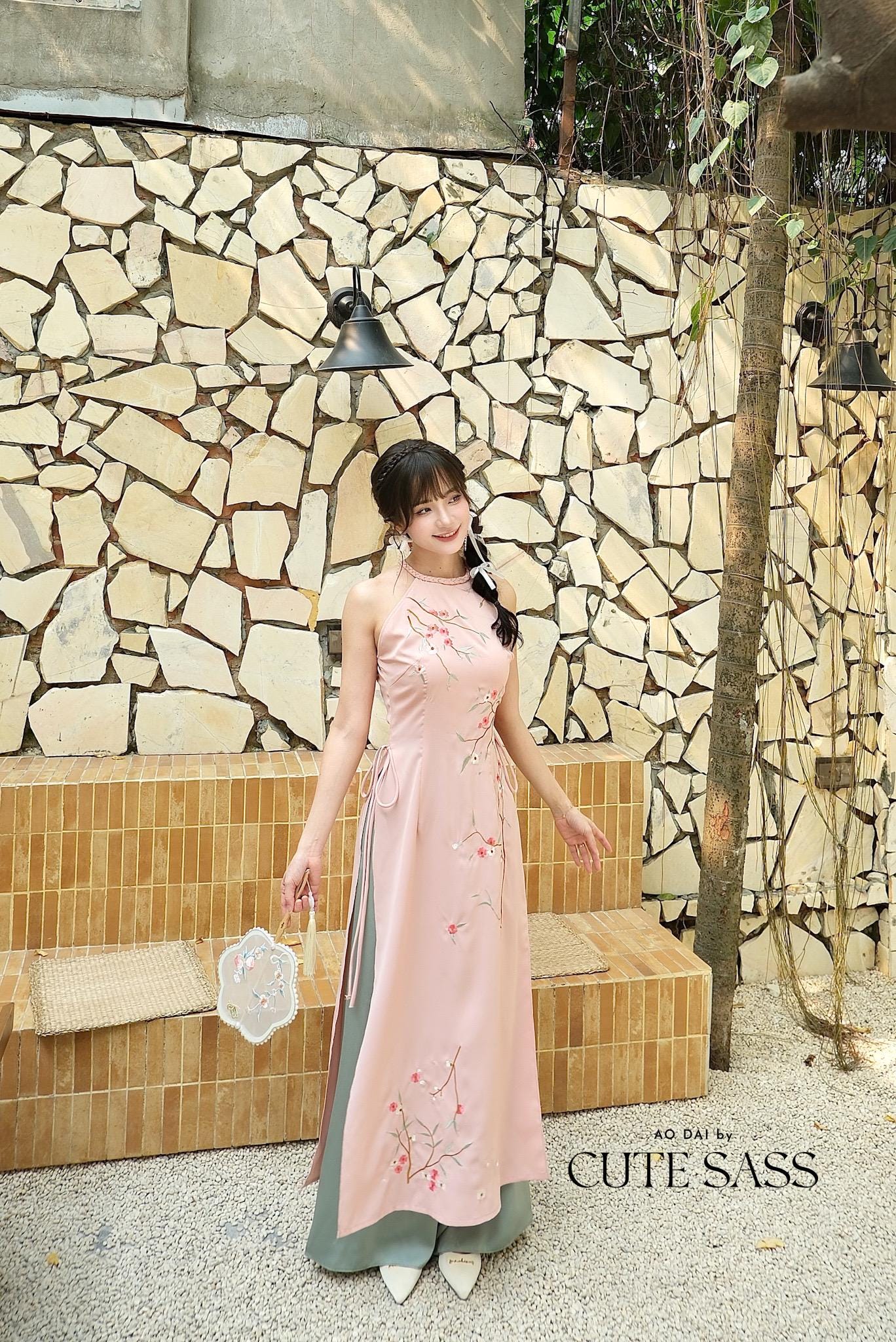 Light Pink Braided Neckline Yem-Inspired Sleeveless Ao Dai Set with Cyan Pants 40A-B|Pre-made Vietnamese Sleeveless Ao Dai| Lunar New Year AoDaibyCuteSass