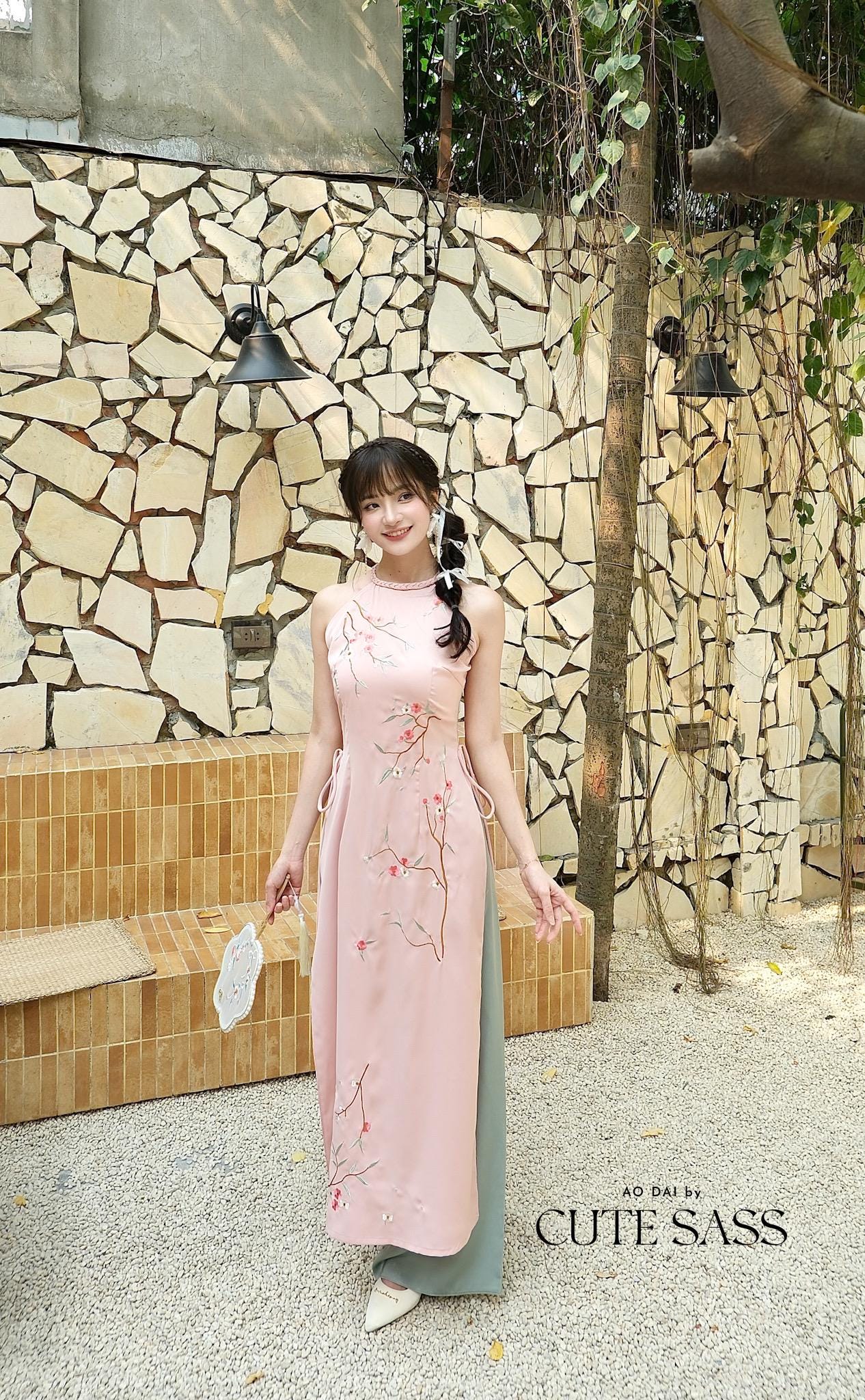 Light Pink Braided Neckline Yem-Inspired Sleeveless Ao Dai Set with Cyan Pants 40A-B|Pre-made Vietnamese Sleeveless Ao Dai| Lunar New Year AoDaibyCuteSass