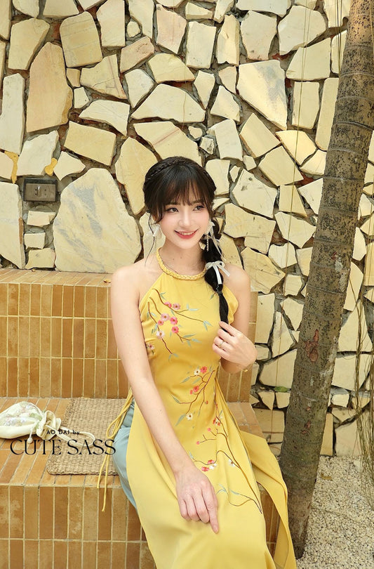 Yellow Braided Neckline Yem-Inspired Sleeveless Ao Dai Set with Cyan Pants 40A-B|Pre-made Vietnamese Sleeveless Ao Dai| Lunar New Year AoDaibyCuteSass