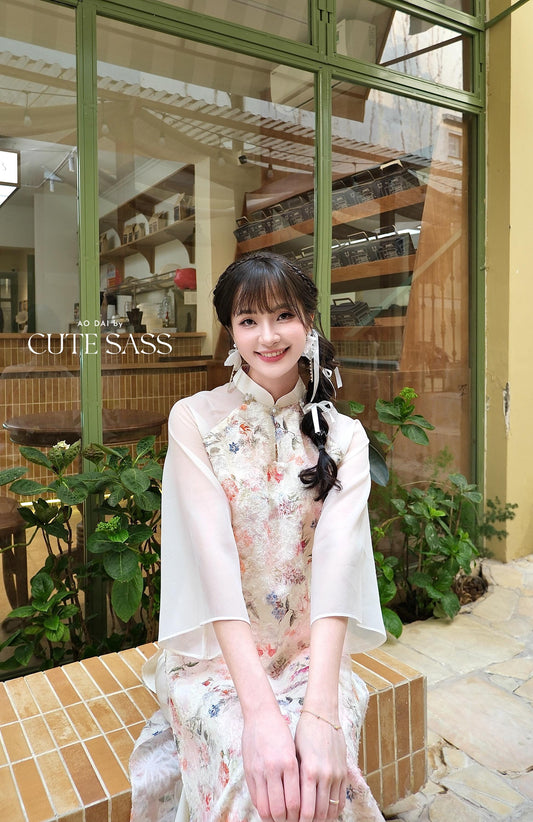 Cream Floral Pearls Ao Dai Set with Light Pink Pants 27C|Pre-made Vietnamese Women Ao Dai with Pants | Lunar New Year|Ao Dai Cach Tan AoDaibyCuteSass