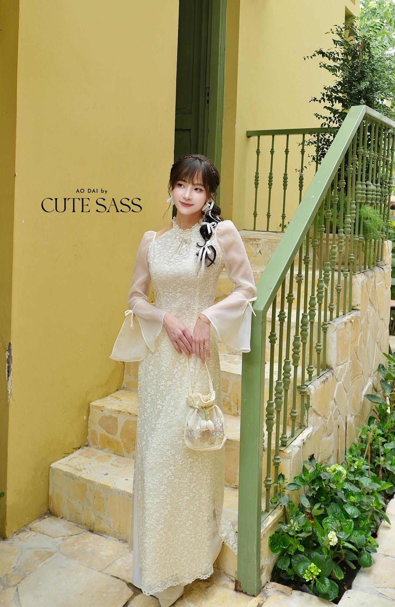 Cream Halter Bow Sleeves Ao Dai Top Only, No Pants|Pre-made Vietnamese Women Ao Dai with Pants | Lunar New Year|Ao Dai Cach Tan AoDaibyCuteSass