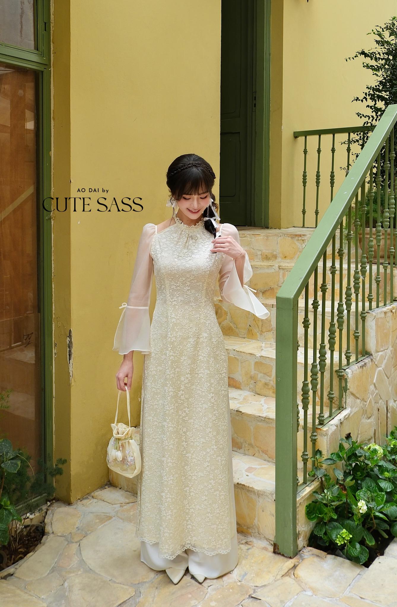 Cream Halter Bow Sleeves Ao Dai Top Only, No Pants|Pre-made Vietnamese Women Ao Dai with Pants | Lunar New Year|Ao Dai Cach Tan AoDaibyCuteSass