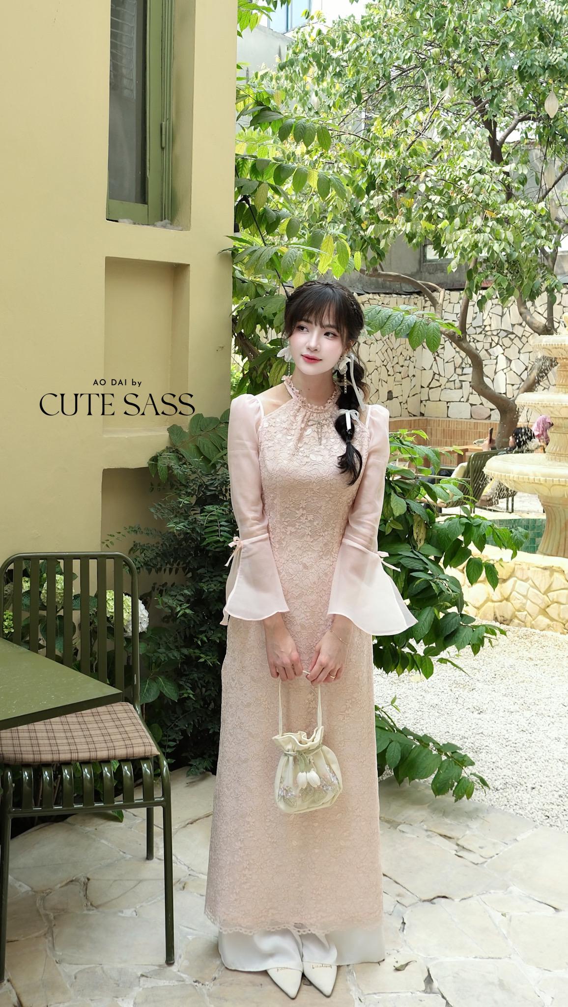 Pink Halter Bow Sleeves Ao Dai Top Only, No Pants|Pre-made Vietnamese Women Ao Dai with Pants | Lunar New Year|Ao Dai Cach Tan AoDaibyCuteSass