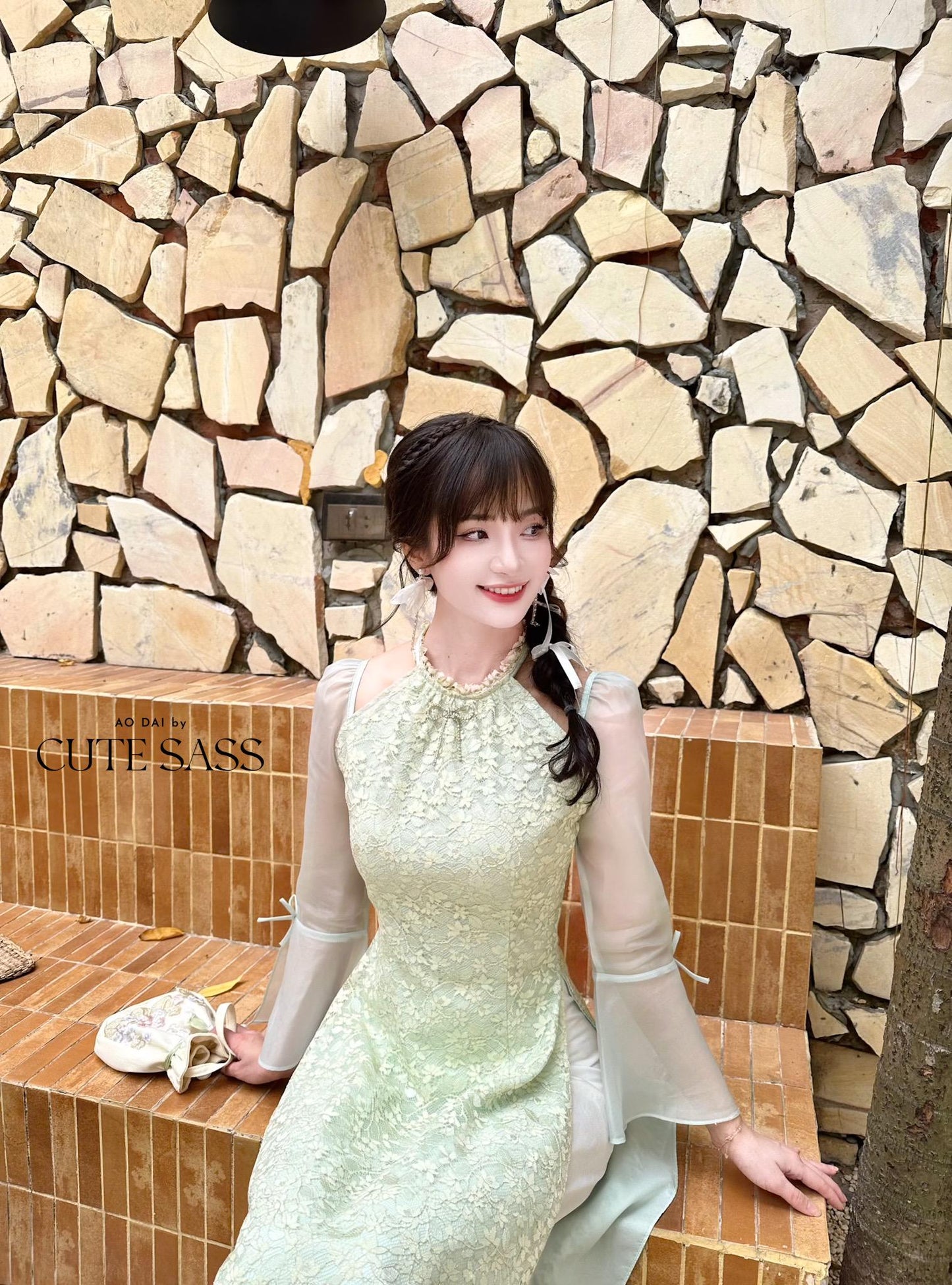 Pastel Green Halter Bow Sleeves Ao Dai Top Only, No Pants|Pre-made Vietnamese Women Ao Dai with Pants | Lunar New Year|Ao Dai Cach Tan AoDaibyCuteSass
