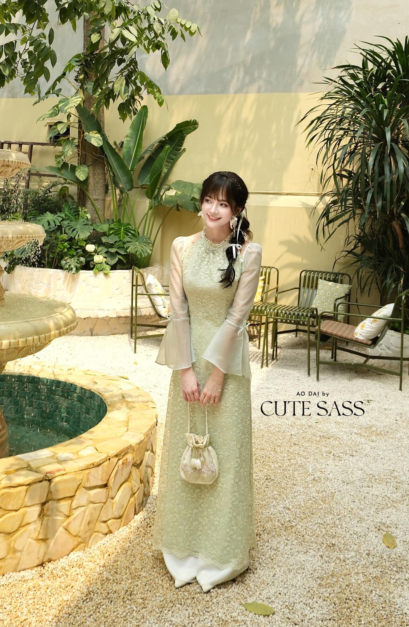 Pastel Green Halter Bow Sleeves Ao Dai Top Only, No Pants|Pre-made Vietnamese Women Ao Dai with Pants | Lunar New Year|Ao Dai Cach Tan AoDaibyCuteSass