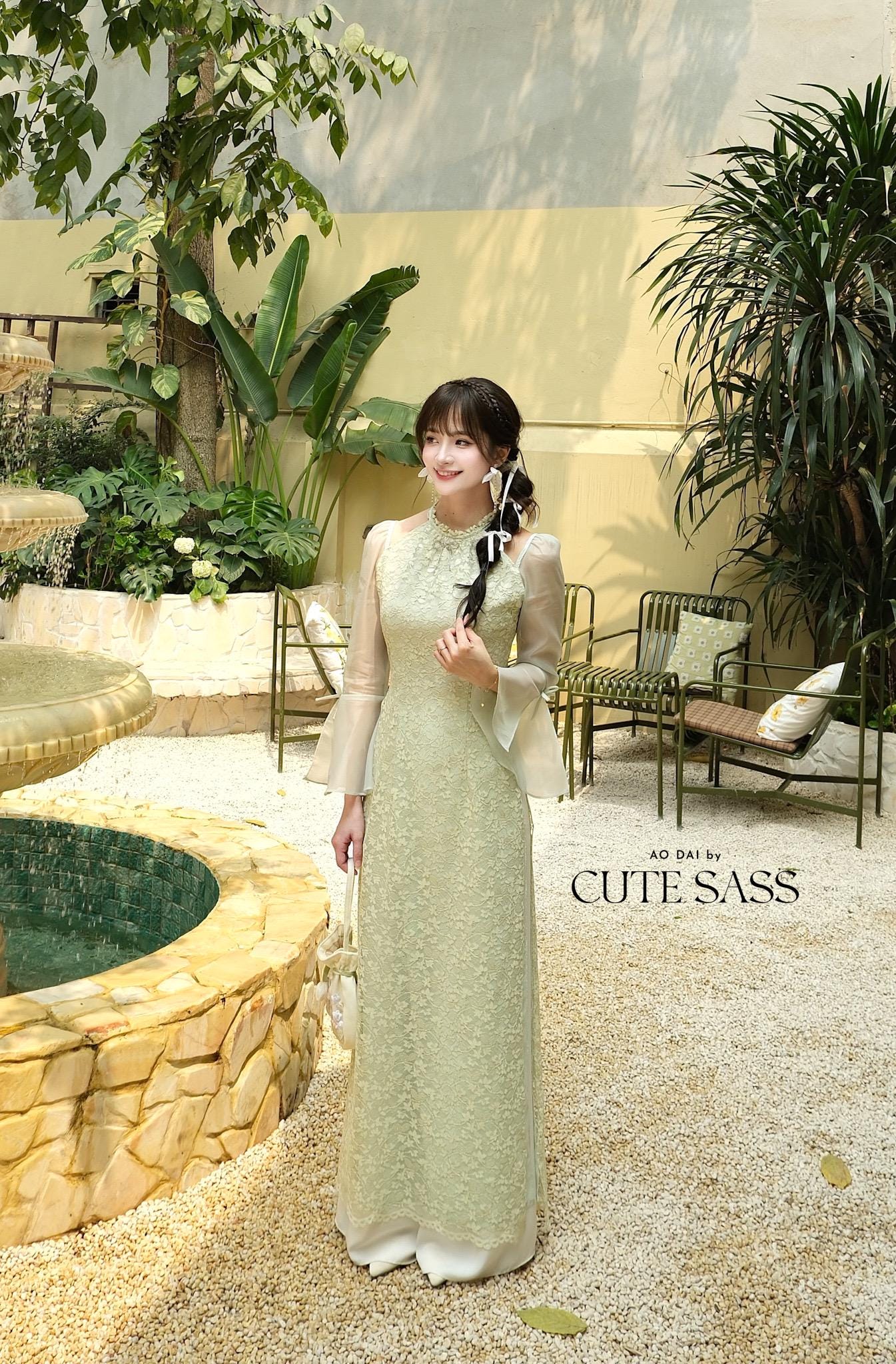 Pastel Green Halter Bow Sleeves Ao Dai Top Only, No Pants|Pre-made Vietnamese Women Ao Dai with Pants | Lunar New Year|Ao Dai Cach Tan AoDaibyCuteSass