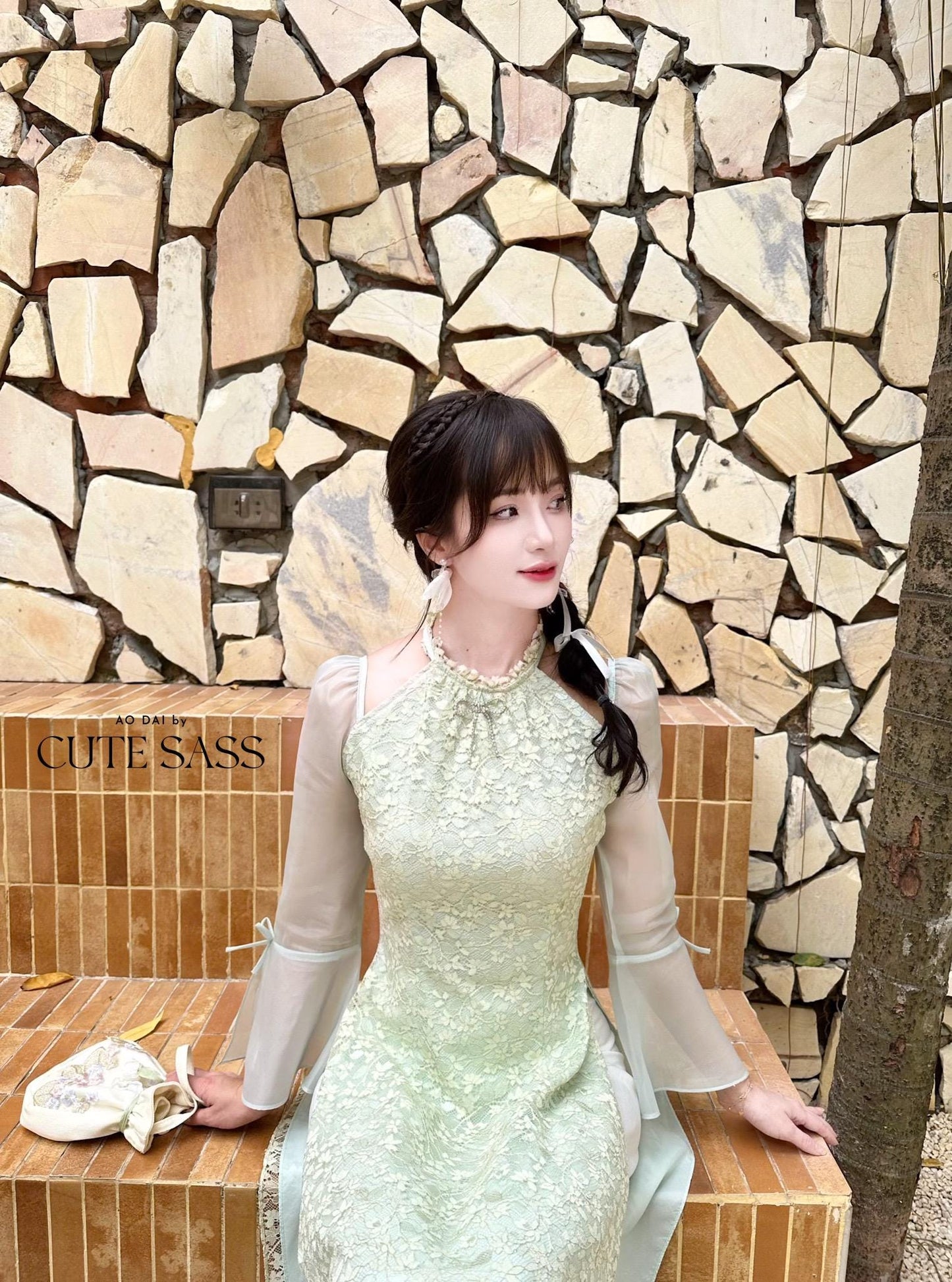 Pastel Green Halter Bow Sleeves Ao Dai Top Only, No Pants|Pre-made Vietnamese Women Ao Dai with Pants | Lunar New Year|Ao Dai Cach Tan AoDaibyCuteSass