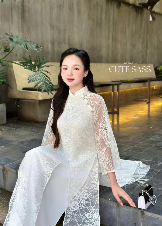 White Lace Slit Ao Dai Set |Pre-made Vietnamese Women Ao Dai with Pants 20A| Lunar New Year|Ao Dai Cach Tan AoDaibyCuteSass