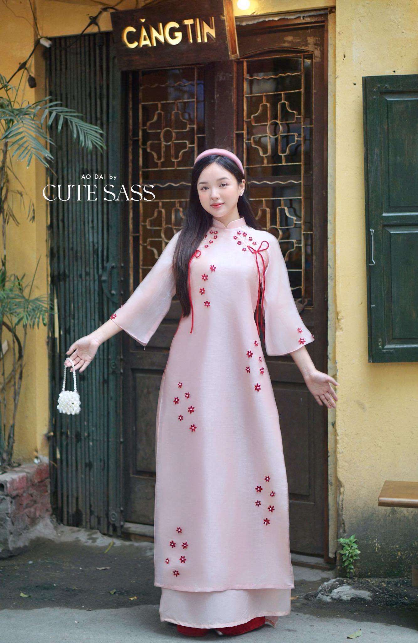 Pink with Red Flowers Bows Ao Dai Top Only, No Pants 2C|Pre-made Vietnamese Ao Dai with Pants | Lunar New Year| AoDaibyCuteSass
