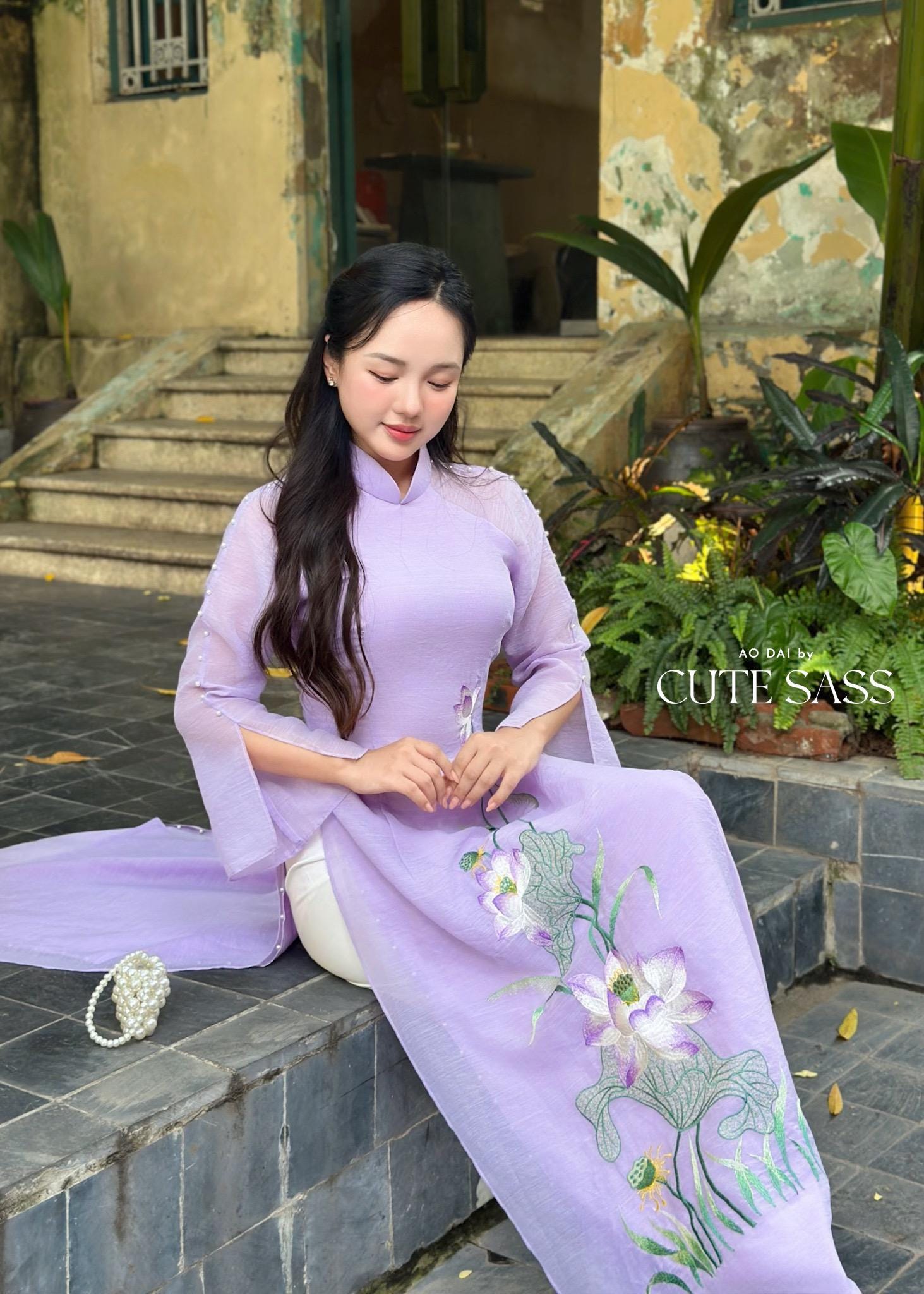 Purple Lotus with Pearls Slit Sleeves Ao Dai Top Only, No Pants 34A|Pre-made Vietnamese Ao Dai with Pants | Lunar New Year| AoDaibyCuteSass