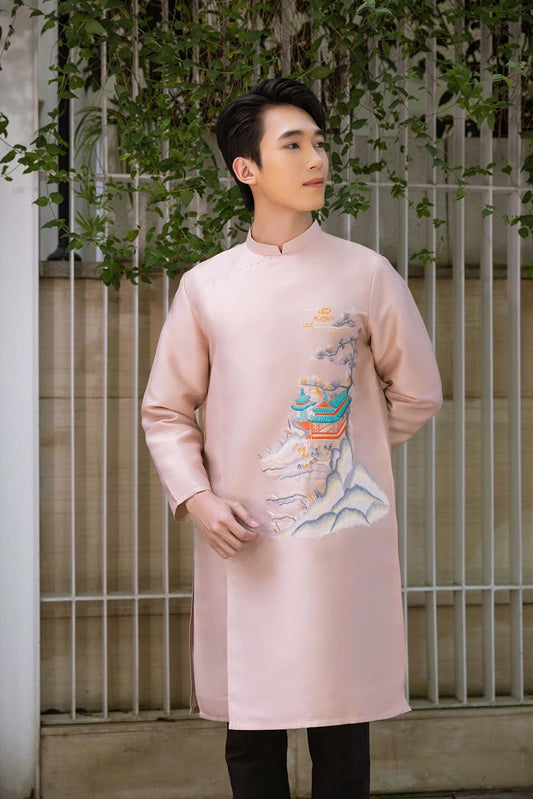 Men Taupe Embroidery Mountain Ao Dai Top 41B| Pre-made Traditional Vietnamese Ao Dai| Lunar New Year | Ao Dai for Dad, Boy | Ao Dai Tet| AoDaibyCuteSass