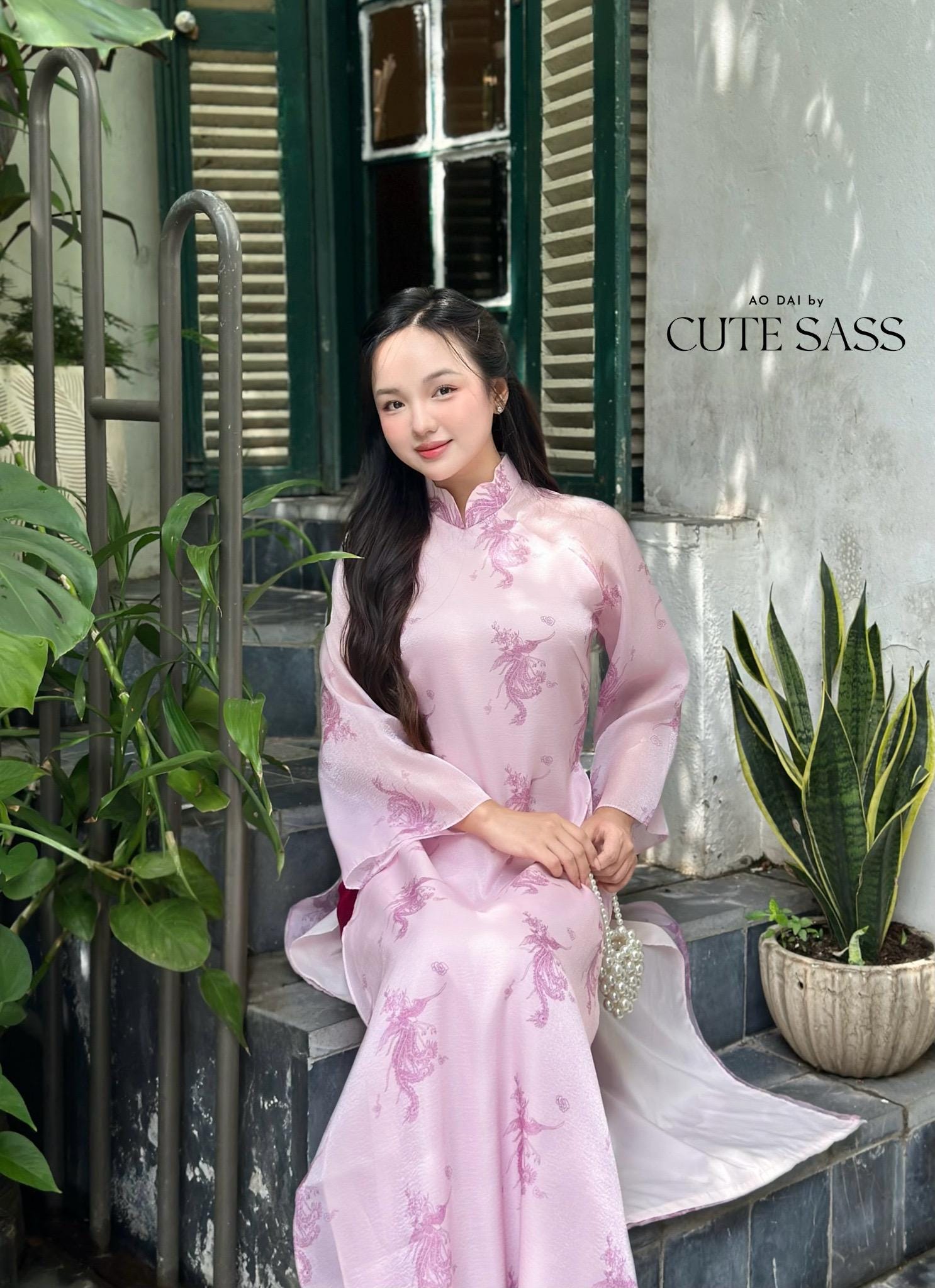 Light Pink Printed Phoenix Ao Dai Set with Hot Pink Pants 20-21C|Pre-made Vietnamese Women Ao Dai with Pants |Lunar New Year|Ao Dai Cach Tan AoDaibyCuteSass