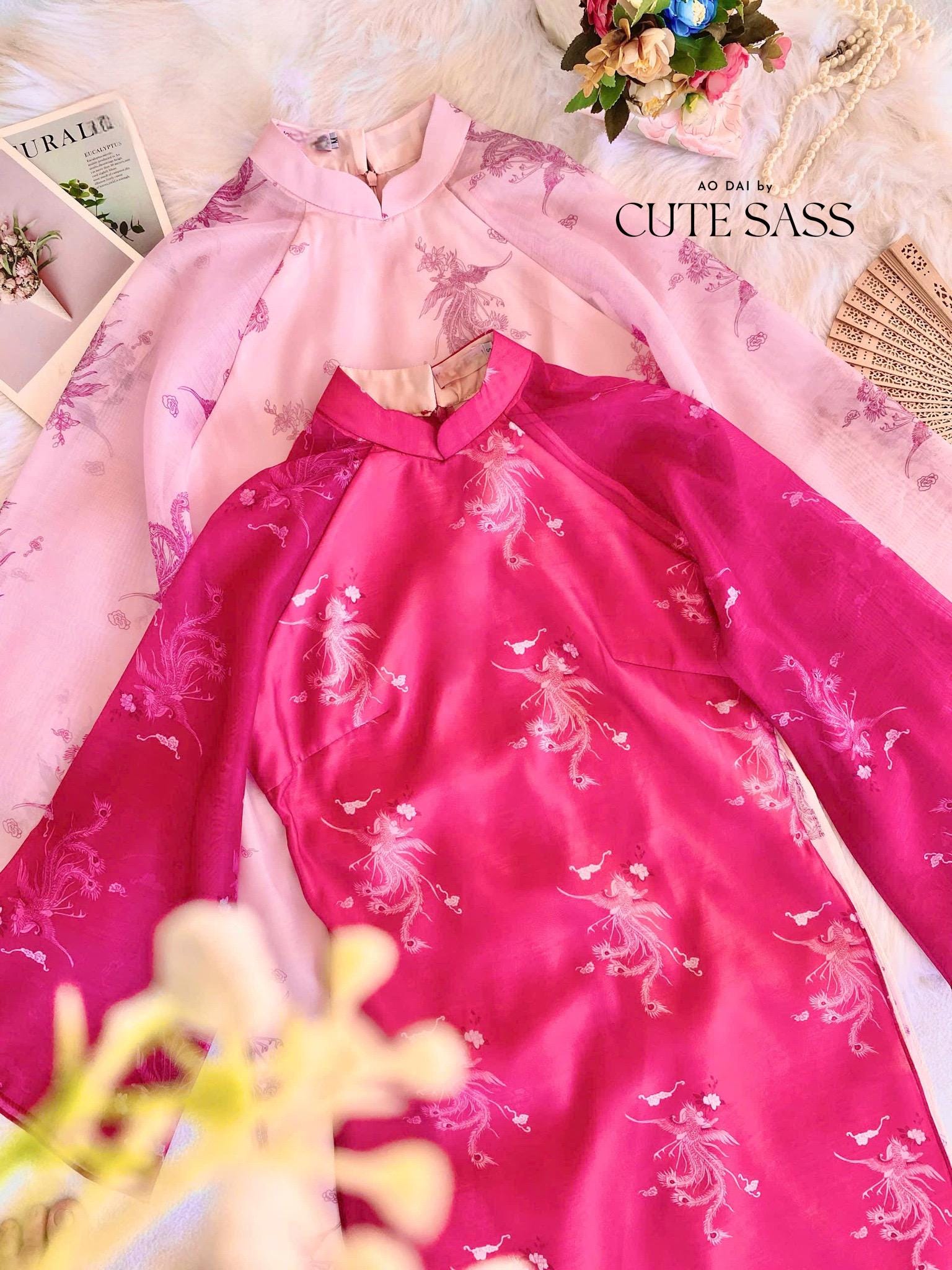 Hot Pink Printed Phoenix Ao Dai Set with Peach Pants 20-21C |Pre-made Vietnamese Women Ao Dai with Pants | Lunar New Year|Ao Dai Cach Tan AoDaibyCuteSass
