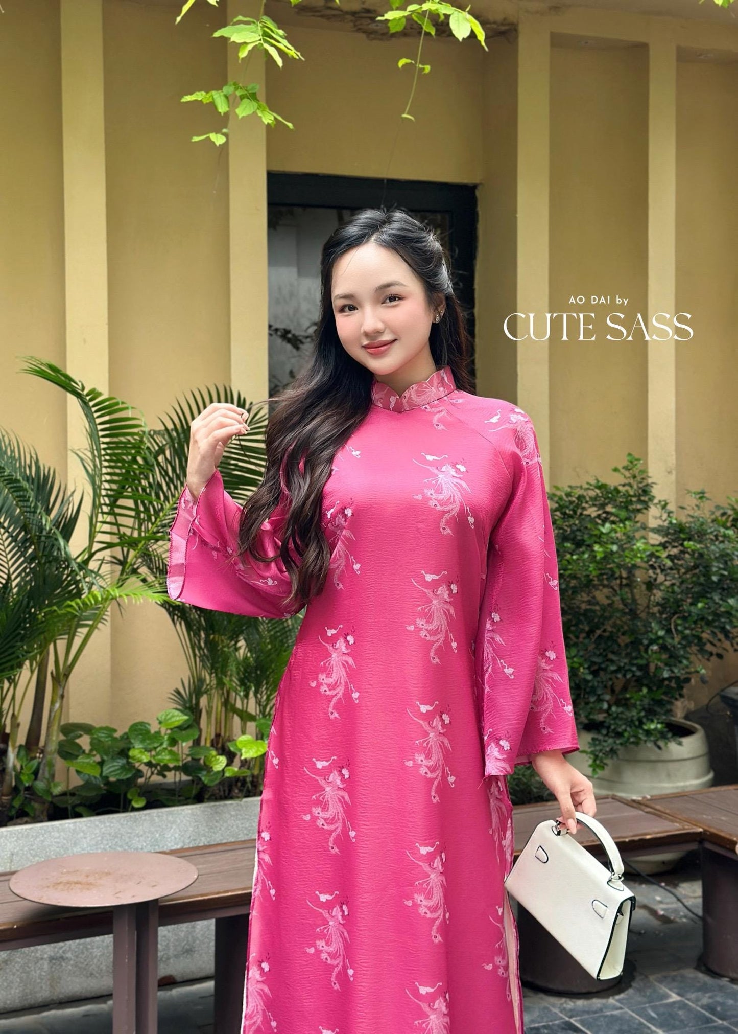 Hot Pink Printed Phoenix Ao Dai Set with Peach Pants 20-21C |Pre-made Vietnamese Women Ao Dai with Pants | Lunar New Year|Ao Dai Cach Tan AoDaibyCuteSass