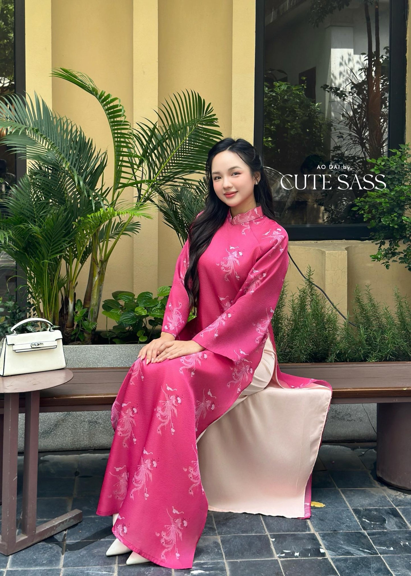 Hot Pink Printed Phoenix Ao Dai Set with Peach Pants 20-21C |Pre-made Vietnamese Women Ao Dai with Pants | Lunar New Year|Ao Dai Cach Tan AoDaibyCuteSass