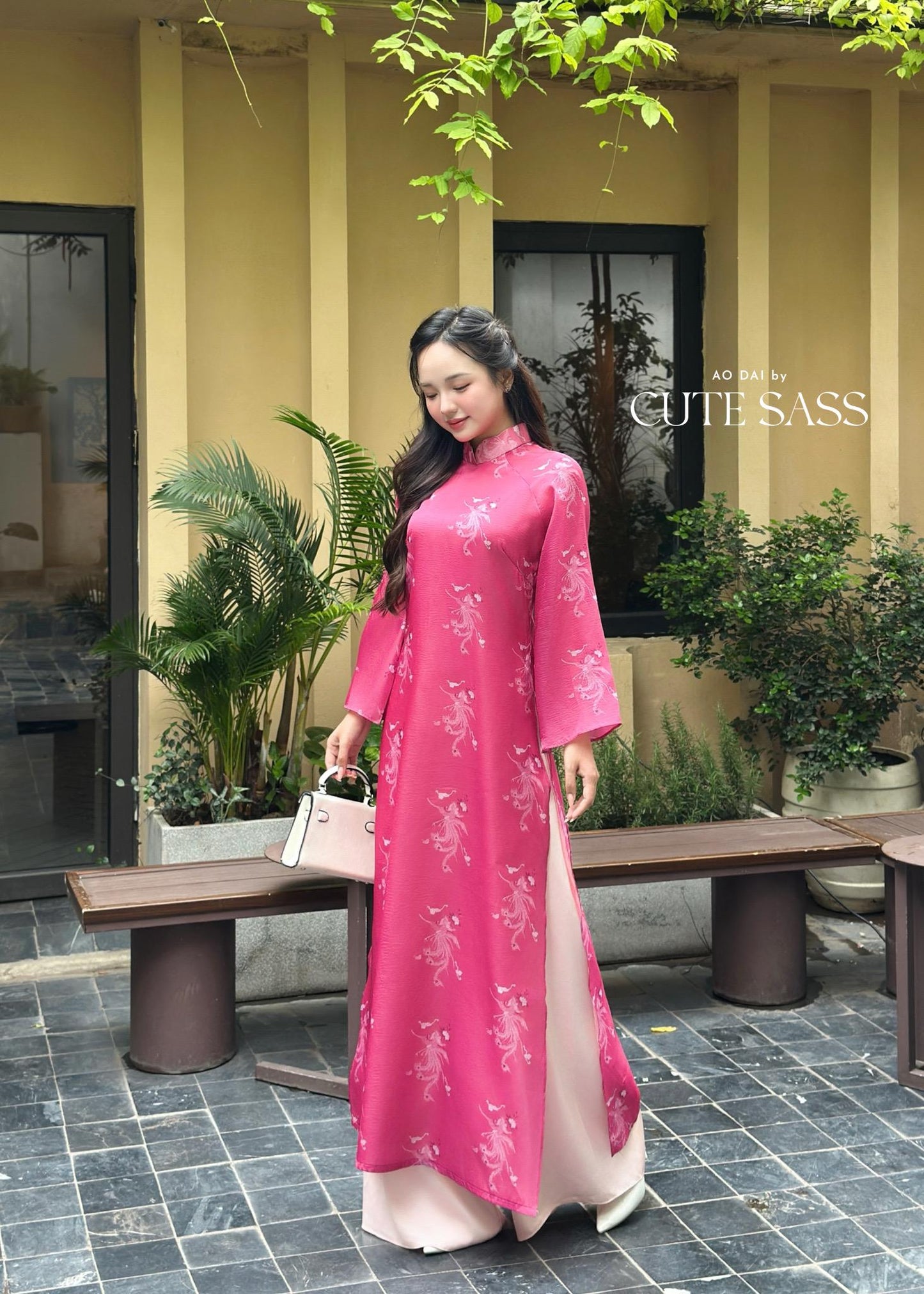 Hot Pink Printed Phoenix Ao Dai Set with Peach Pants 20-21C |Pre-made Vietnamese Women Ao Dai with Pants | Lunar New Year|Ao Dai Cach Tan AoDaibyCuteSass