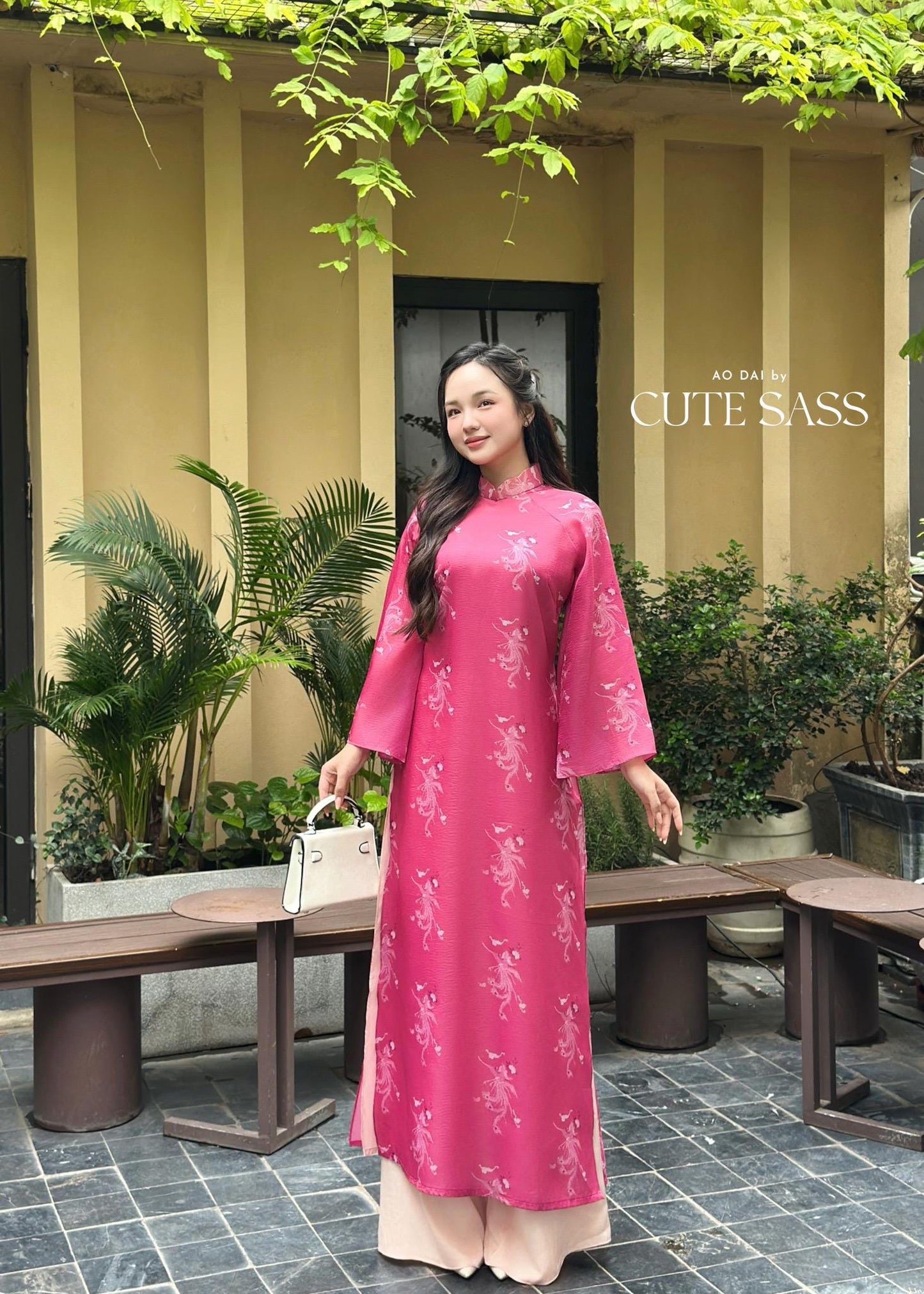 Hot Pink Printed Phoenix Ao Dai Set with Peach Pants 20-21C |Pre-made Vietnamese Women Ao Dai with Pants | Lunar New Year|Ao Dai Cach Tan AoDaibyCuteSass