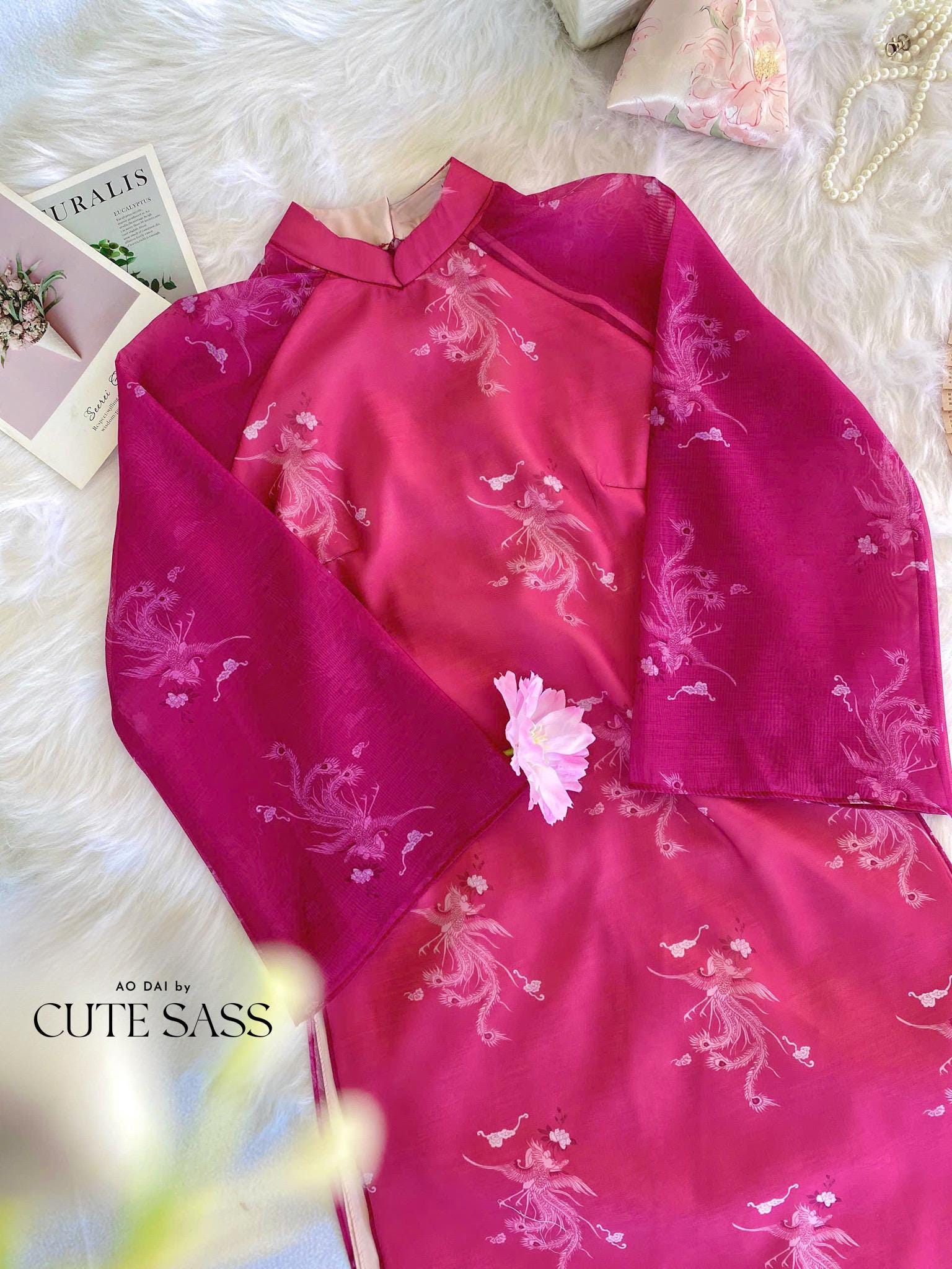 Hot Pink Printed Phoenix Ao Dai Set with Peach Pants 20-21C |Pre-made Vietnamese Women Ao Dai with Pants | Lunar New Year|Ao Dai Cach Tan AoDaibyCuteSass