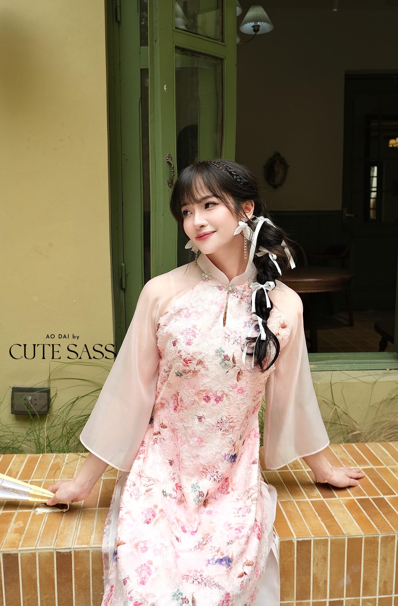 Pink Floral Pearls Ao Dai Set with Cream/Beige Pants 27C|Pre-made Vietnamese Women Ao Dai with Pants | Lunar New Year|Ao Dai Cach Tan AoDaibyCuteSass