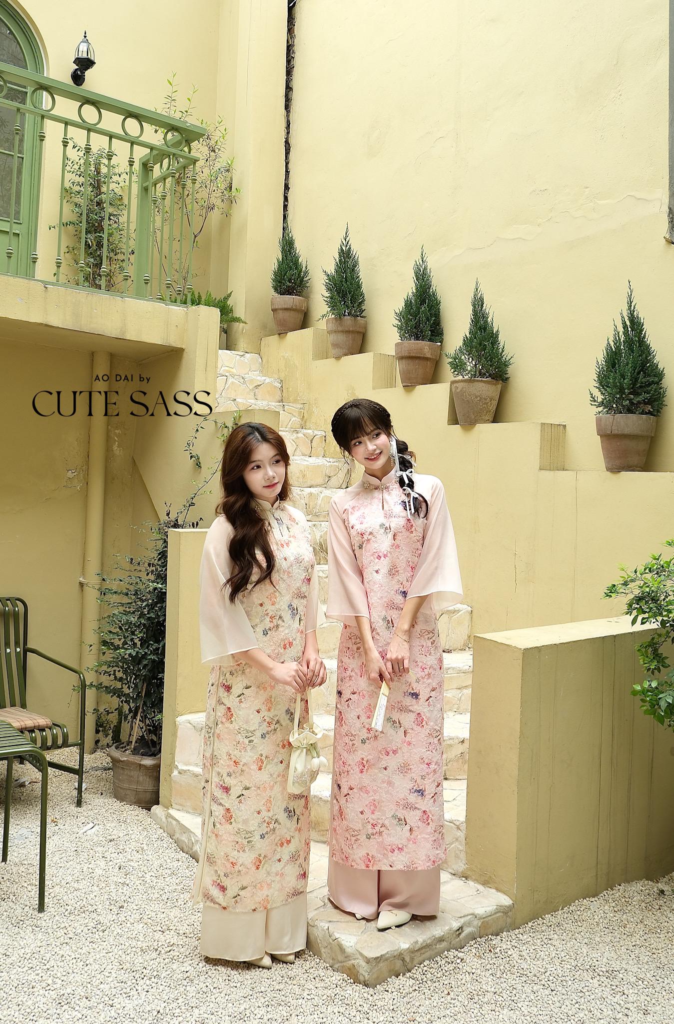 Pink Floral Pearls Ao Dai Set with Cream/Beige Pants 27C|Pre-made Vietnamese Women Ao Dai with Pants | Lunar New Year|Ao Dai Cach Tan AoDaibyCuteSass