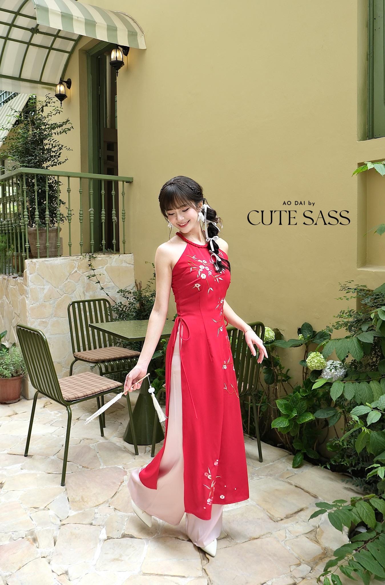 Red Braided Neckline Yem-Inspired Sleeveless Ao Dai Set with Light Pink Pants 40A-B|Pre-made Vietnamese Sleeveless Ao Dai| Lunar New Year AoDaibyCuteSass