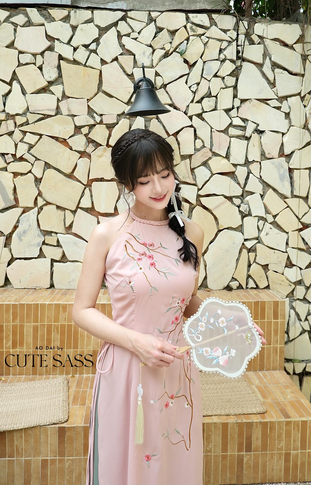 Light Pink Braided Neckline Yem-Inspired Sleeveless Ao Dai Set with Cyan Pants 40A-B|Pre-made Vietnamese Sleeveless Ao Dai| Lunar New Year AoDaibyCuteSass