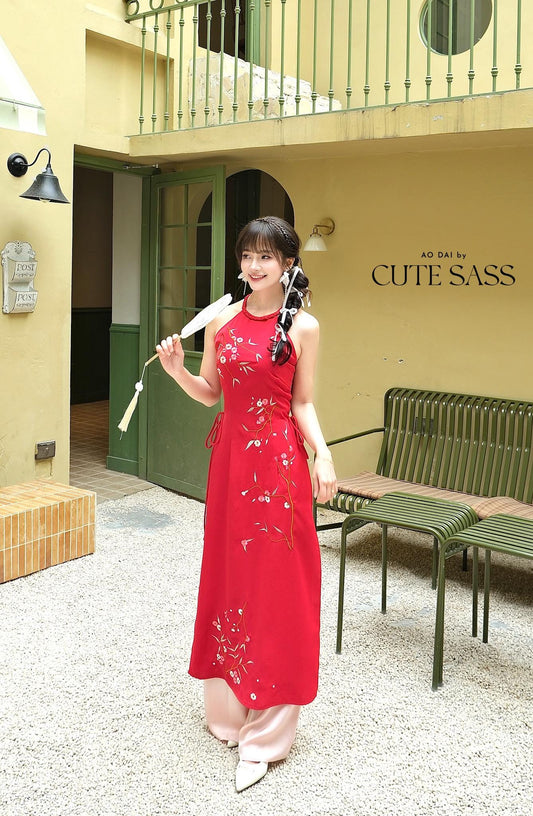 Red Braided Neckline Yem-Inspired Sleeveless Ao Dai Set with Light Pink Pants 40A-B|Pre-made Vietnamese Sleeveless Ao Dai| Lunar New Year AoDaibyCuteSass