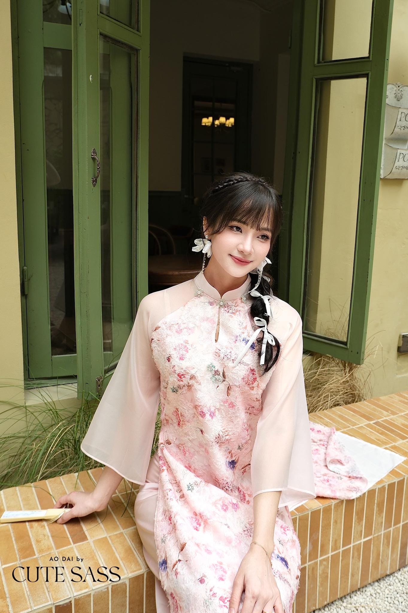 Pink Floral Pearls Ao Dai Set with Cream/Beige Pants 27C|Pre-made Vietnamese Women Ao Dai with Pants | Lunar New Year|Ao Dai Cach Tan AoDaibyCuteSass