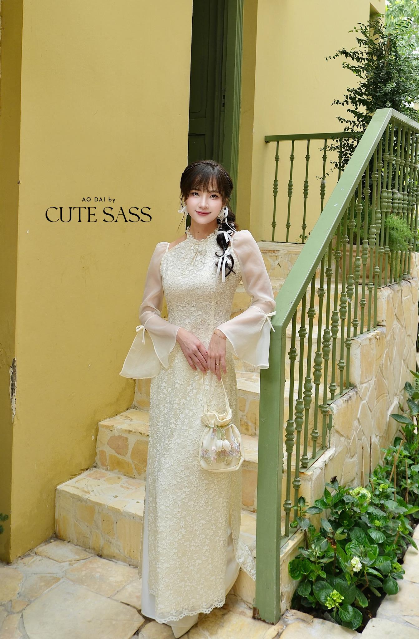Cream Halter Bow Sleeves Ao Dai Top Only, No Pants|Pre-made Vietnamese Women Ao Dai with Pants | Lunar New Year|Ao Dai Cach Tan AoDaibyCuteSass