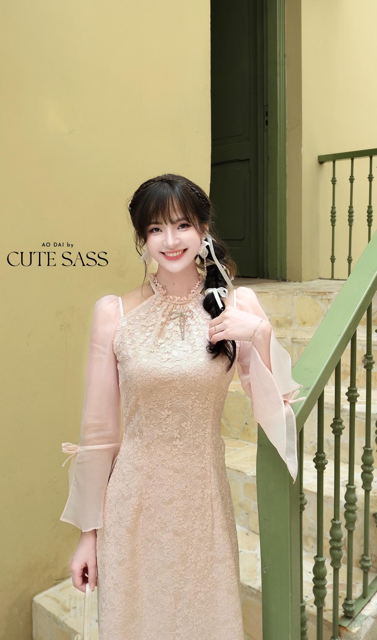 Pink Halter Bow Sleeves Ao Dai Top Only, No Pants|Pre-made Vietnamese Women Ao Dai with Pants | Lunar New Year|Ao Dai Cach Tan AoDaibyCuteSass