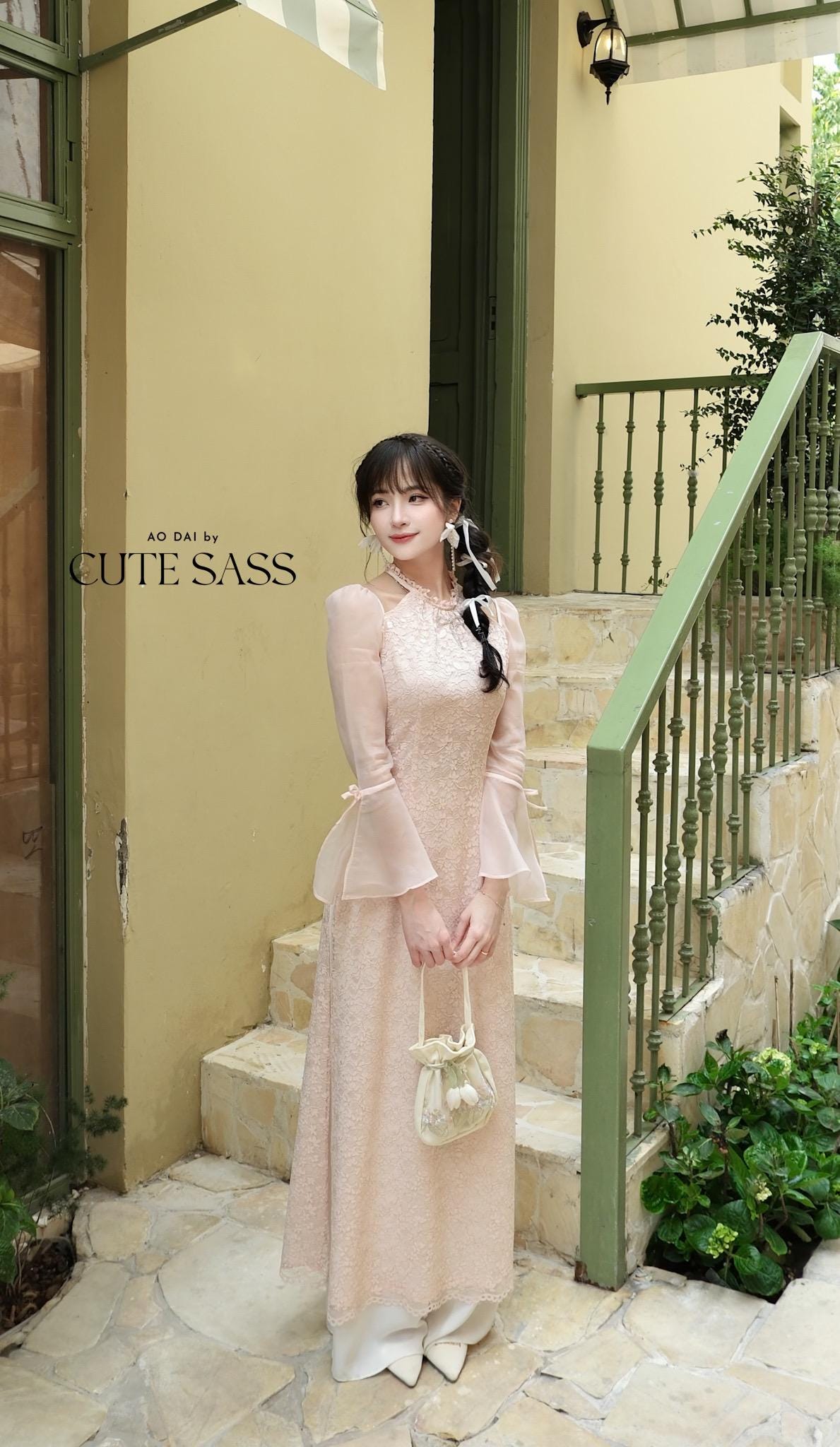 Pink Halter Bow Sleeves Ao Dai Top Only, No Pants|Pre-made Vietnamese Women Ao Dai with Pants | Lunar New Year|Ao Dai Cach Tan AoDaibyCuteSass