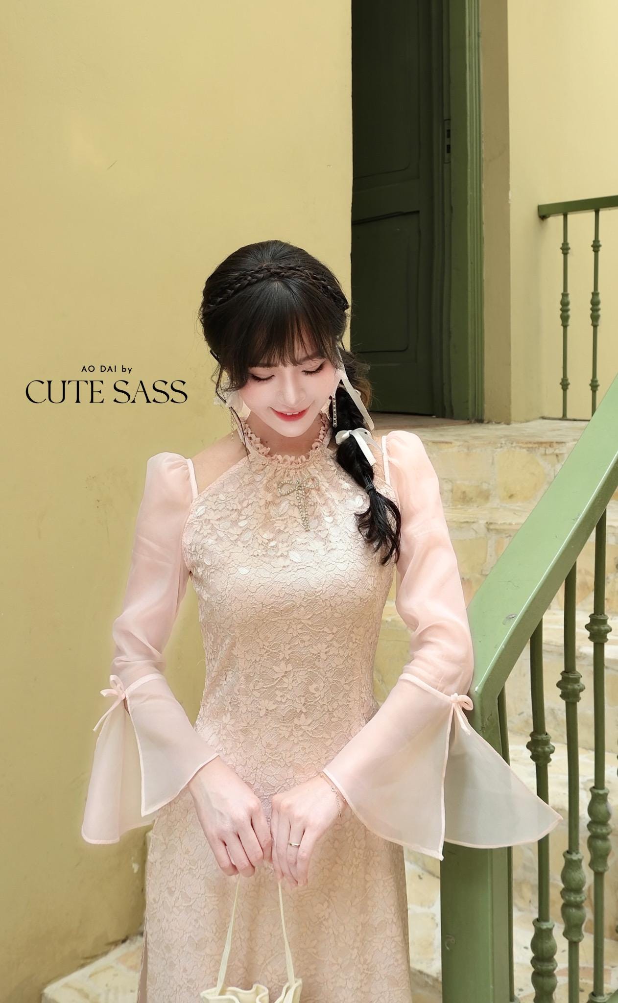 Pink Halter Bow Sleeves Ao Dai Top Only, No Pants|Pre-made Vietnamese Women Ao Dai with Pants | Lunar New Year|Ao Dai Cach Tan AoDaibyCuteSass