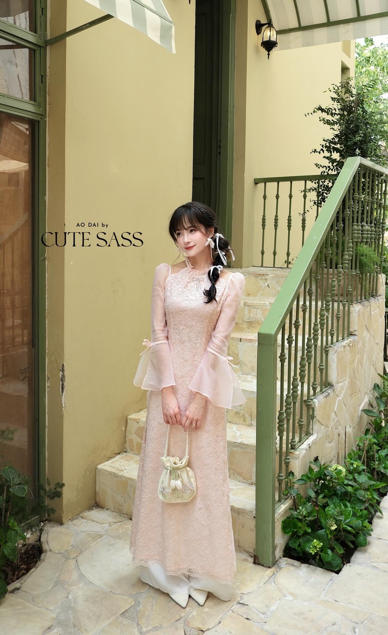 Pink Halter Bow Sleeves Ao Dai Top Only, No Pants|Pre-made Vietnamese Women Ao Dai with Pants | Lunar New Year|Ao Dai Cach Tan AoDaibyCuteSass