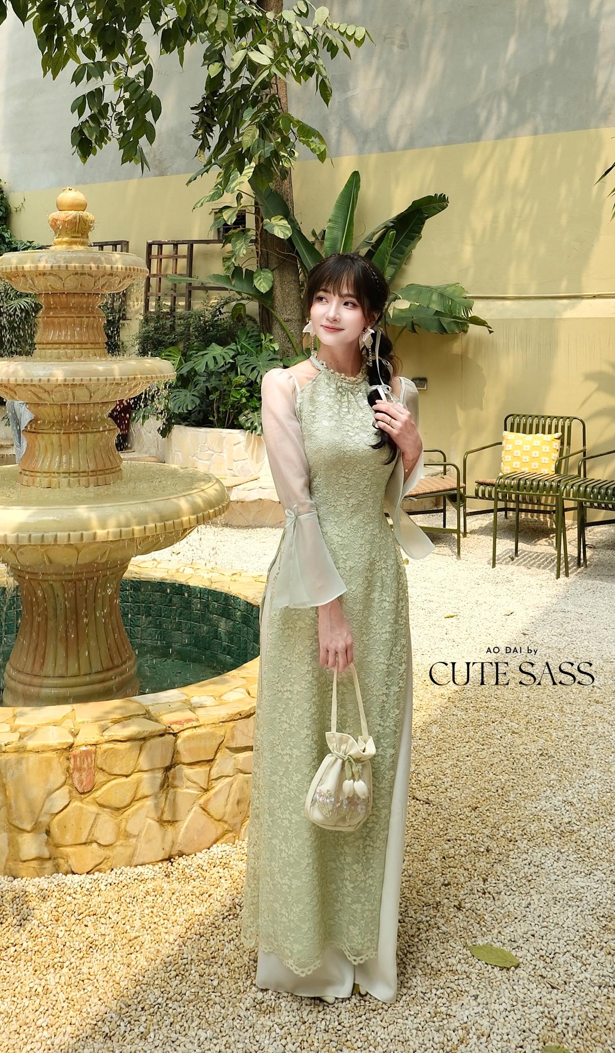Pastel Green Halter Bow Sleeves Ao Dai Top Only, No Pants|Pre-made Vietnamese Women Ao Dai with Pants | Lunar New Year|Ao Dai Cach Tan AoDaibyCuteSass