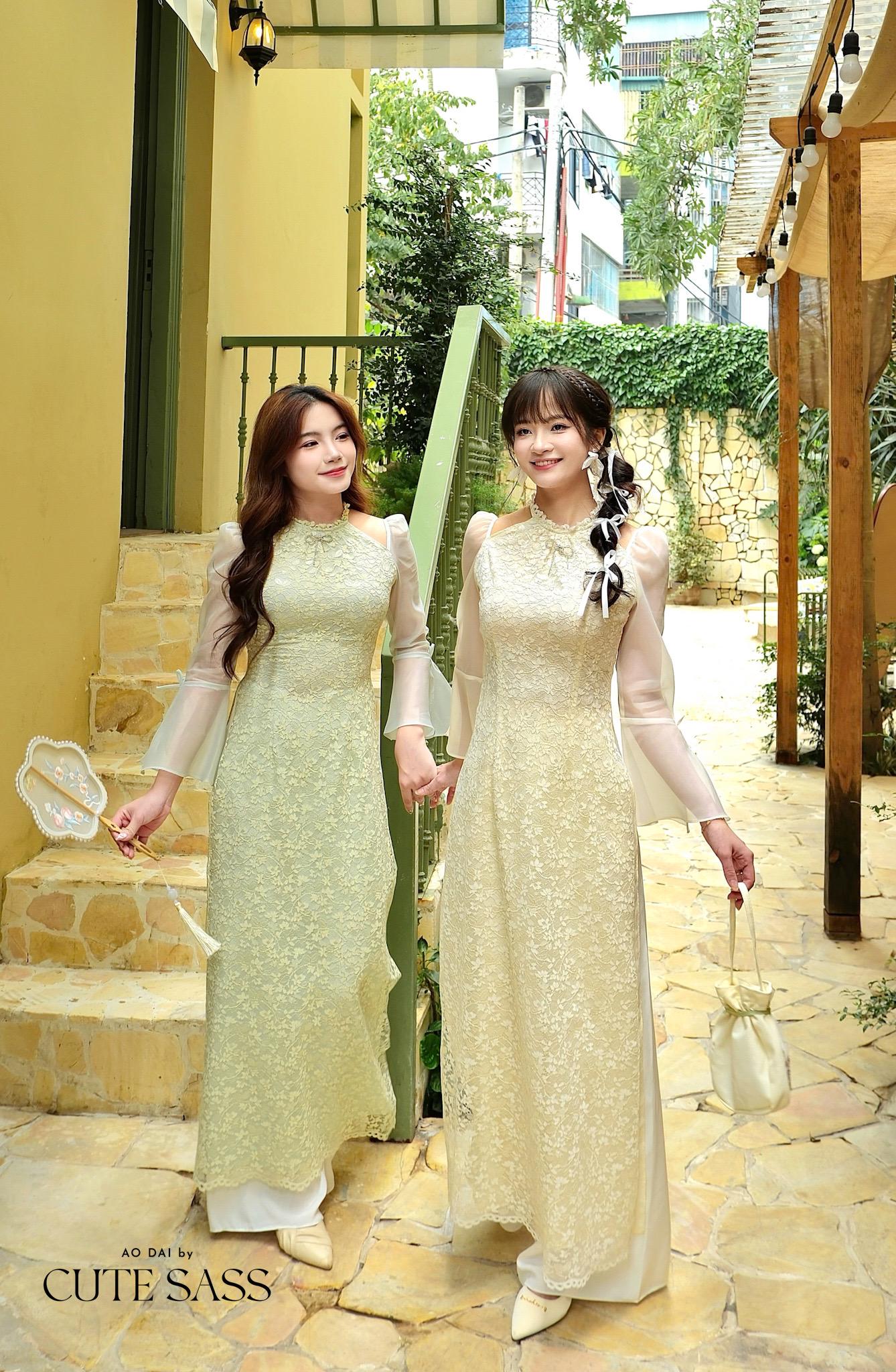 Pastel Green Halter Bow Sleeves Ao Dai Top Only, No Pants|Pre-made Vietnamese Women Ao Dai with Pants | Lunar New Year|Ao Dai Cach Tan AoDaibyCuteSass