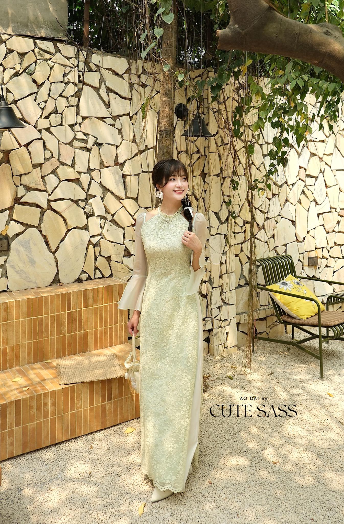 Pastel Green Halter Bow Sleeves Ao Dai Top Only, No Pants|Pre-made Vietnamese Women Ao Dai with Pants | Lunar New Year|Ao Dai Cach Tan AoDaibyCuteSass